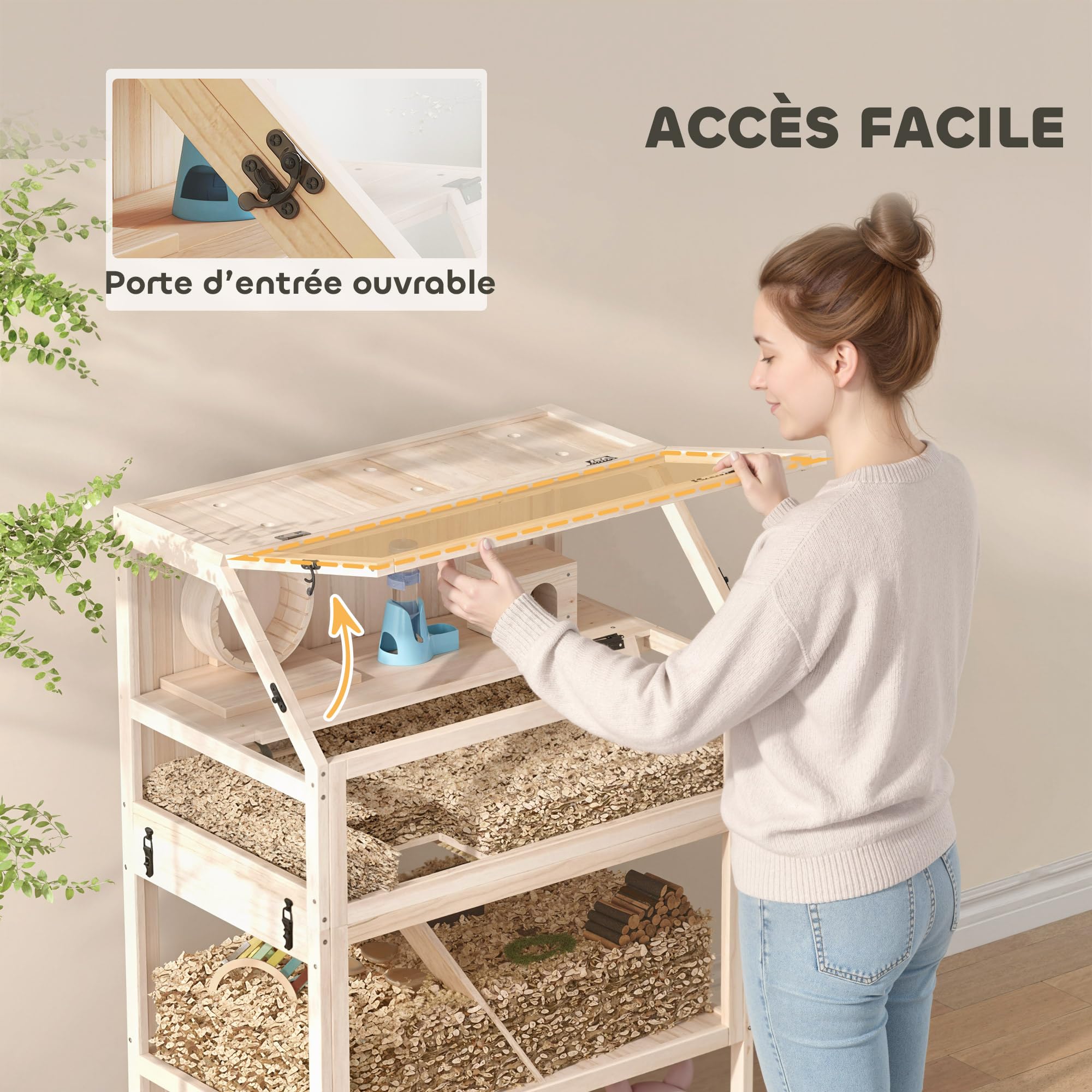 PawHut Gabbia per criceto in legno XXL – Habitat per roditori a 3 piani con pannello acrilico e ruota – Casa piccolo animale di lusso con accessori e ripiano di stoccaggio, 80 x 53 x 117 cm, effetto