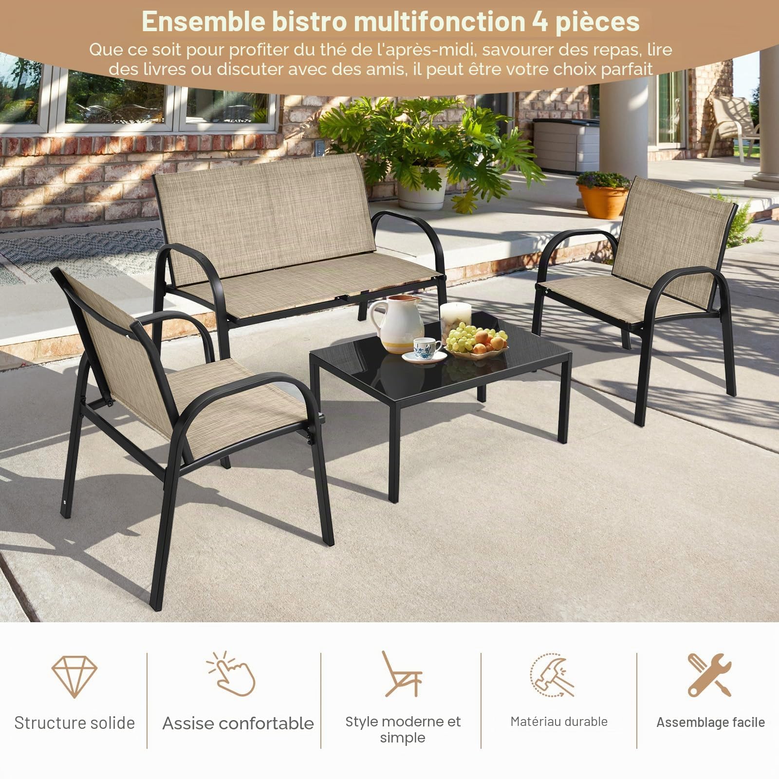 GIANTEX Salon de Jardin Exterieur 4 Pièces, Table Basse en Verre Trempé, 2 Place Canapé, 2 Chaises, Mobilier de Jardin 4 Personnes en Tissu Respirant pour Terrase, Piscine, Patio, Marron