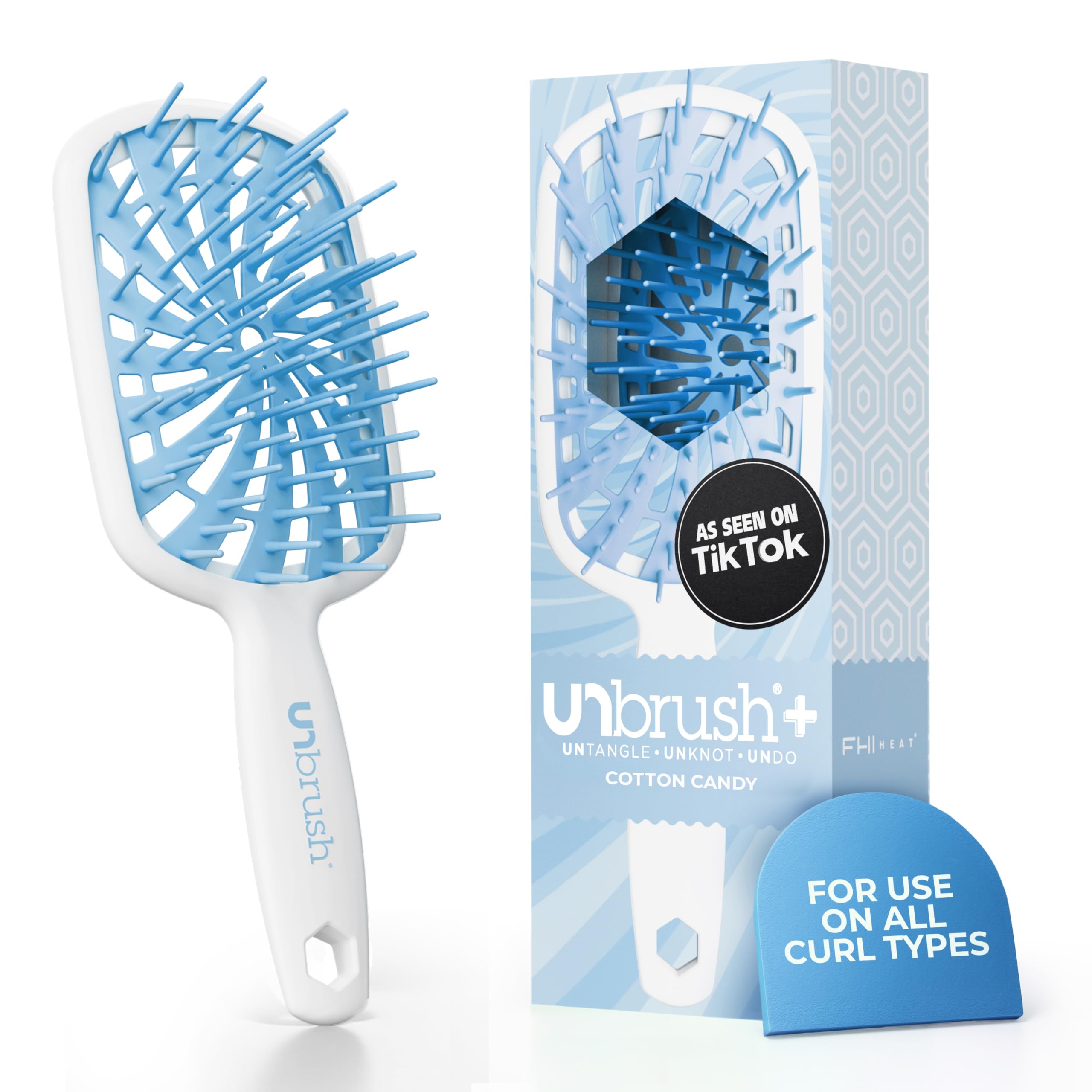 FHI Heat UNbrush Plus — Curly Hair Brush for Gentle & Effective Detangling on Wet or Dry Fragile Hair Types — Detangler Brush w/ 84 UltraFlex Bristles, Ultra-light, Vented, Anti Static Hairbrush