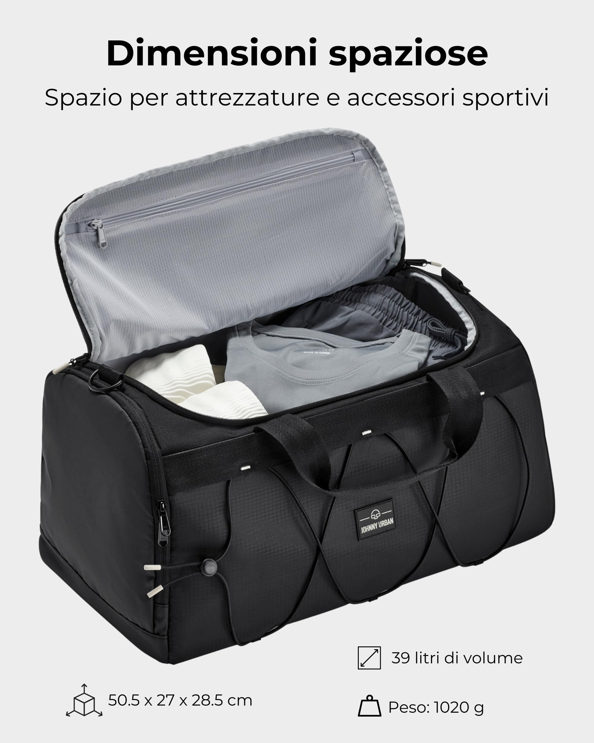 Johnny Urban Borsone Palestra Uomo Donna Nero - Shawn - Borsa Sportiva e Zaino 2 in 1 - Borsa da Viaggio Con Scomparto Per Le Scarpe - Idrorepellente