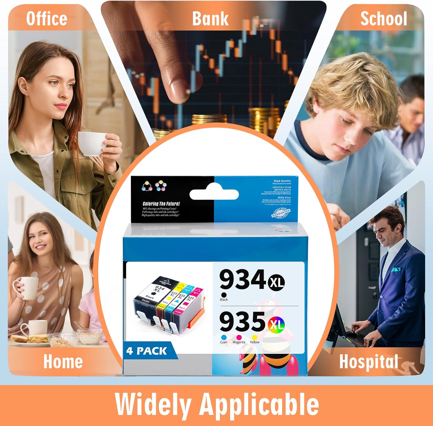 934XL 935XL Ink Cartridge Compatible with Hp Officejet 6810 6220 6812 6815 6820 Officejet Pro 6230 6830 6835 Series Printer 4 Pack (Black & C/M/Y)