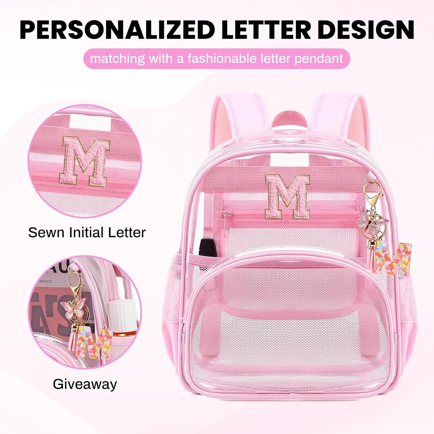  Clear Backpacks for Stadium Events Approved 12×6×12 Clear Bookbag for Women Mini Transparent Letter Back Pack, Pink, Letter-M thumbnail