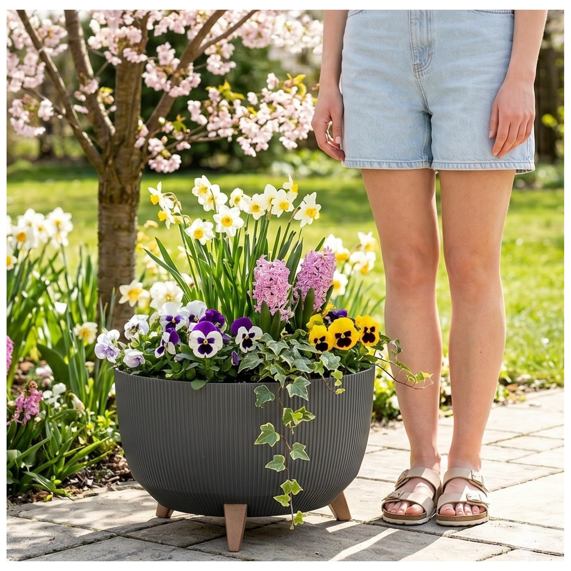 MELTOM Blumentopf Schale mit Füßen Einsatz Kräutertopf Übertopf Pflanzschale Eco Recycled Anthrazit XL 47 cm
