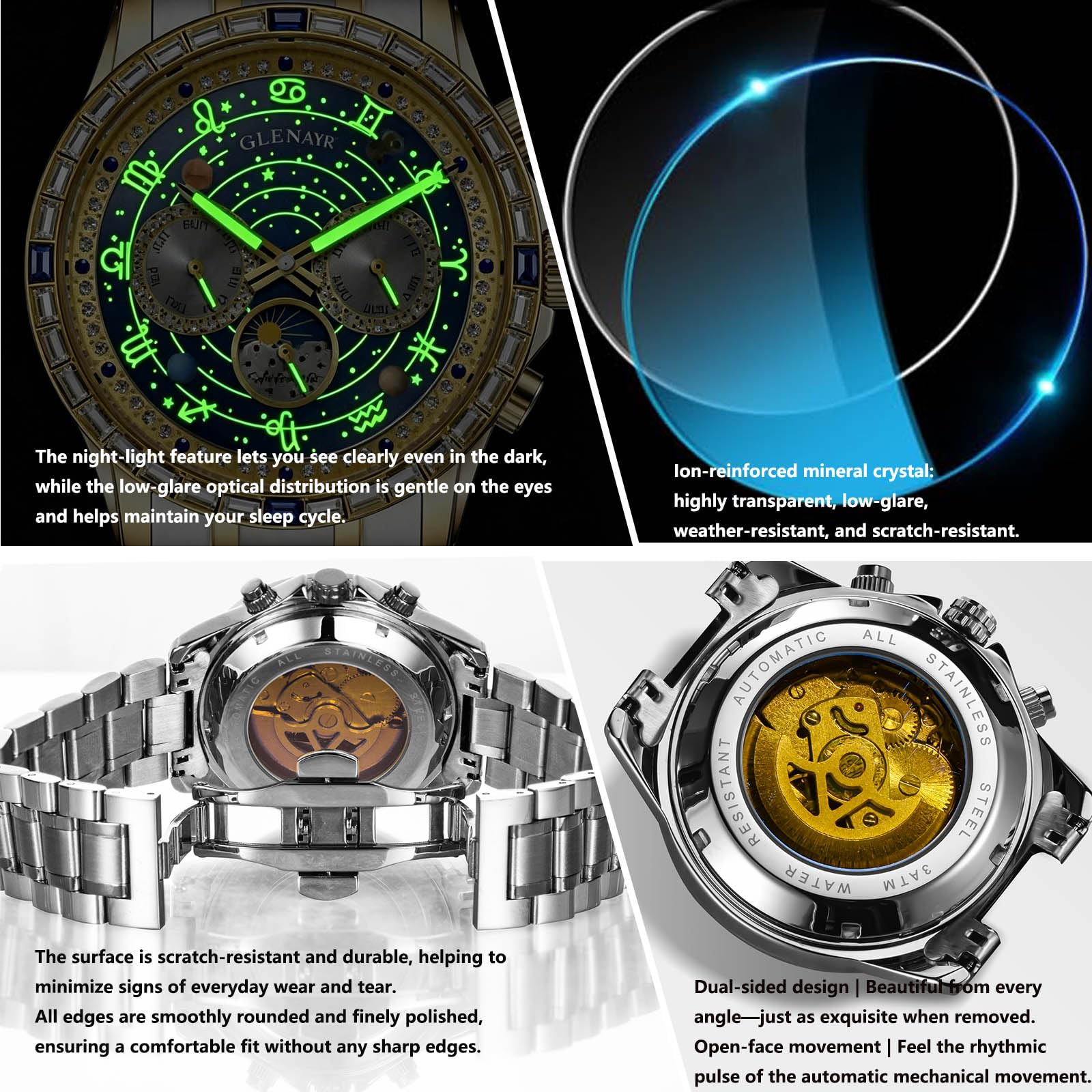 Glenaw Automatische Uhren für Herren und Herren, mechanische Uhr, drehbares Zifferblatt mit himmlischem Stern, Tag, Datum, Monat, Mondphasenanzeige, selbstaufziehende Uhr, Leuchtzeiger