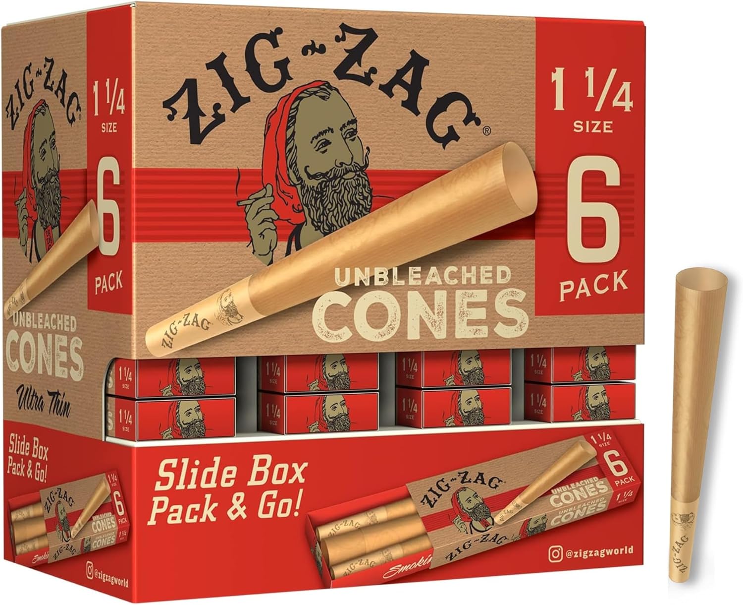 ZIG-ZAG Pre Rolled Cones 1 1/4 Size (36 Pack) Unbleached - Slow Burning Pre Rolled Cones with Tips & Packing Tubes Included - (216 Cones)