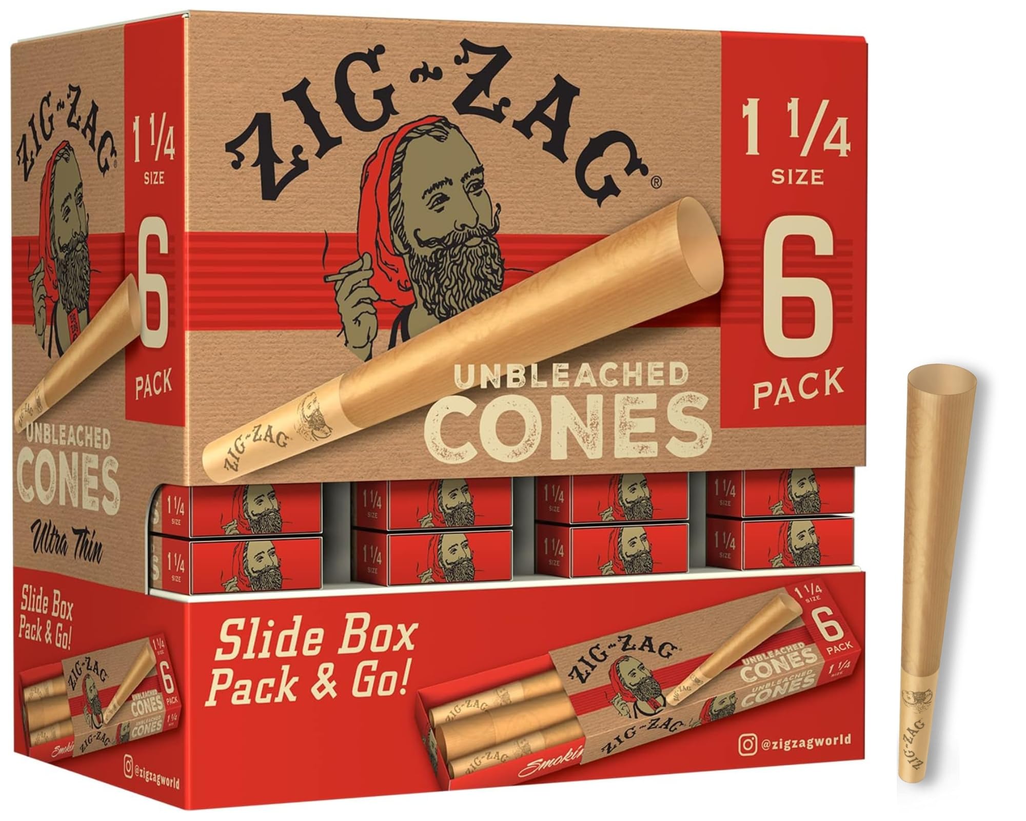 Pre Rolled Cones 1 1/4 Size (36 Pack) Unbleached - Slow Burning Pre Rolled Cones with Tips & Packing Tubes Included - (216 Cones)
