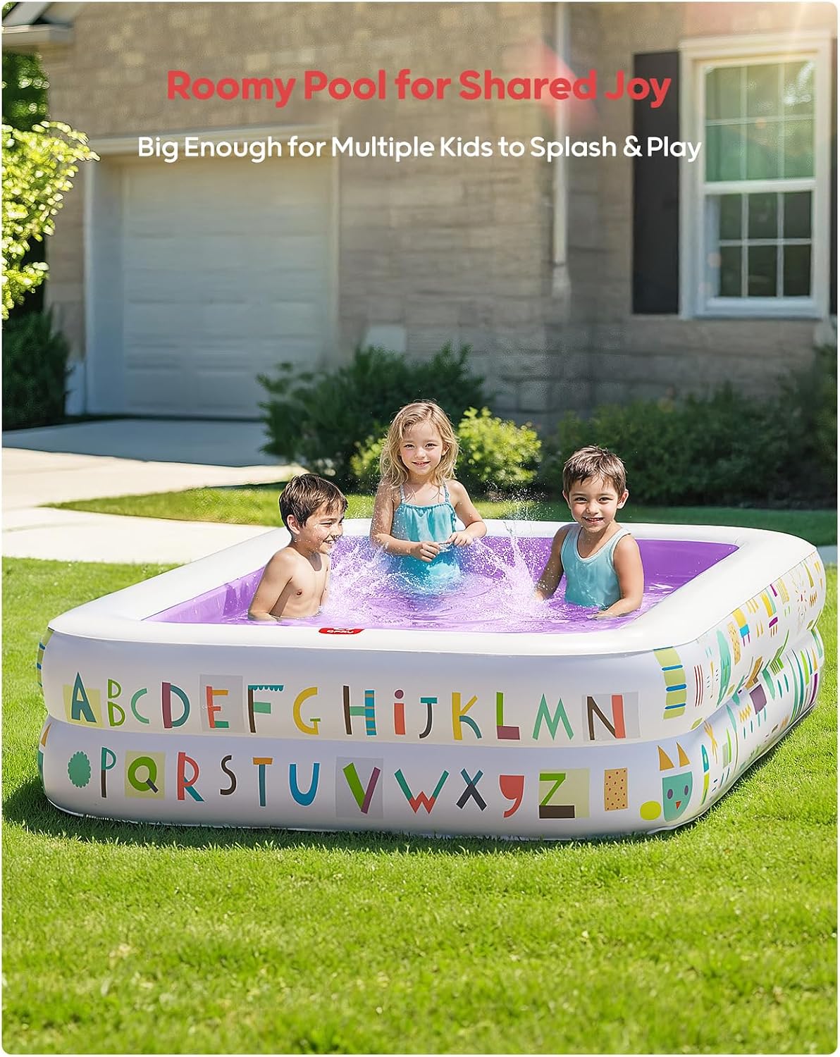 QPAU Kiddie Pool – 65" x 39" Inflatable Pool for Kids & Toddlers, Ball Pit & Baby Pool with Soft Floor, Educational Alphabet & Number, Durable Outdoor Play Toys for Backyard & Indoor Fun (Purple)