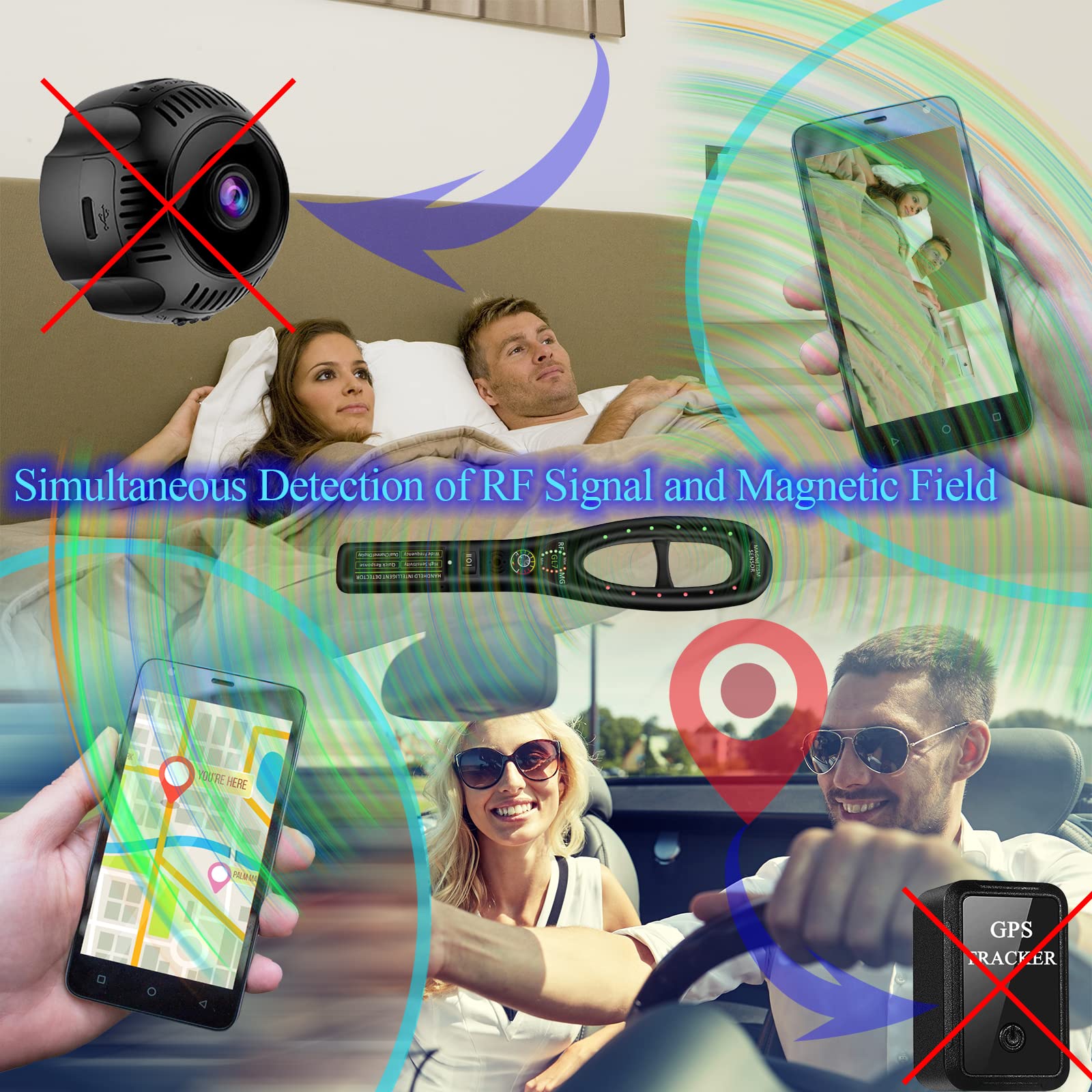 Détecteur de Micro Espion et de Caméra Cachée, Détecteur RF et de Traceur GPS pour Voiture avec Détection Magnétique, Portable Rechargeable pour Hôtel, Bureau, Maison et Voyage, Noir