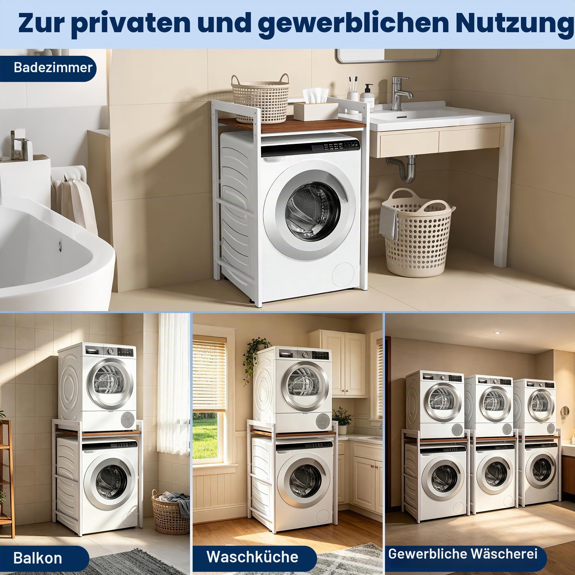 Waschmaschinenregal 3 Höhenverstellbar Waschmaschine Trockner Schrank Toilette, Regal über Waschmaschinen, 350 kg Waschmaschinenschrank für Badezimmer Waschküche 69x65x105cm (Weiß 1)