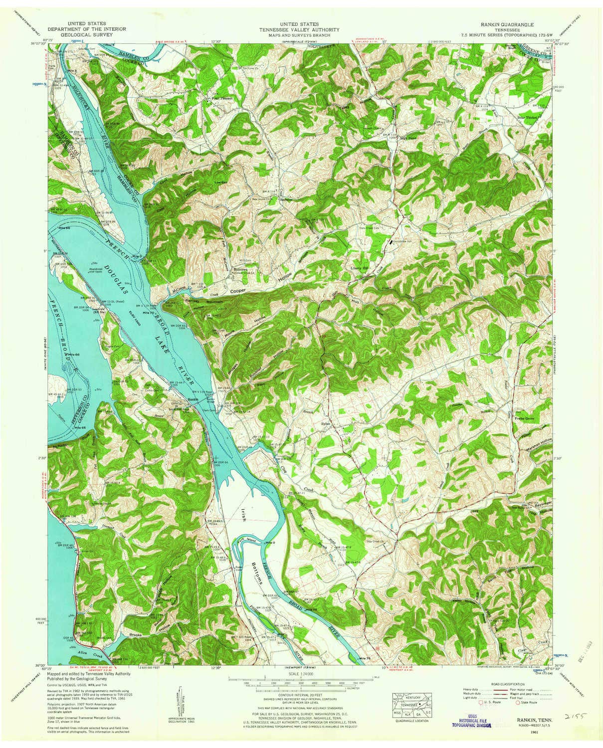 YellowMaps Rankin TN topo map, 1:24000 Scale, 7.5 X 7.5 Minute, Historical, 1961, Updated 1963, 27.3 x 22 in - Tyvek