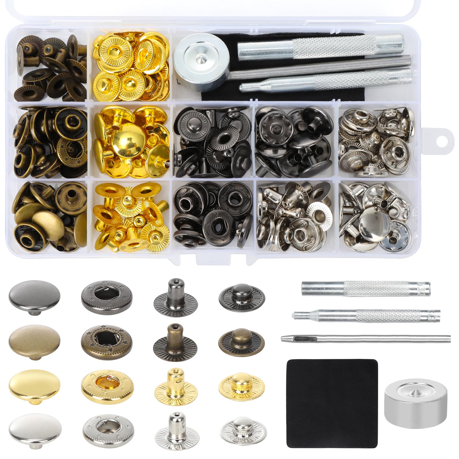 40 Sets Snap Fasteners Kit 15mm, 4 Colors Stainless Steel No Sew Press Studs Poppers with Installation Tools for Leather, Clothing, Jackets, Jeans, Bags and DIY Projects
