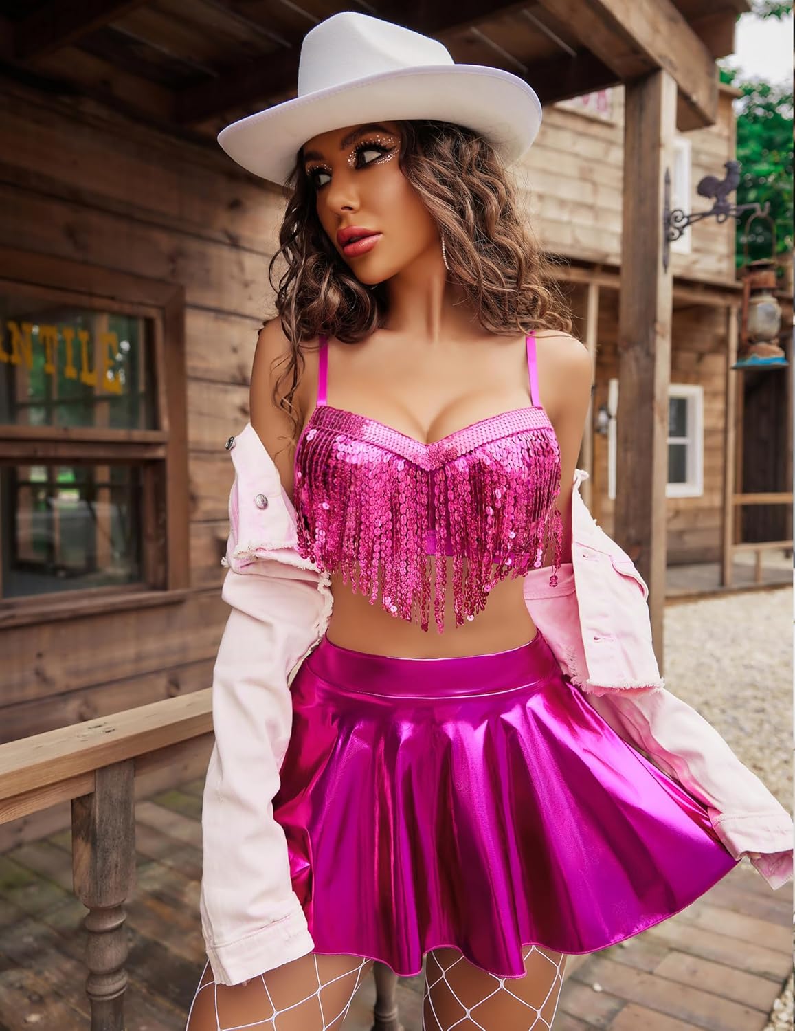 Avidlove Rave Outfits for Women Sequin Fringe Outfits Cosplay Lingerie 3pack Costume Set with Metallic Skirt - Image 7