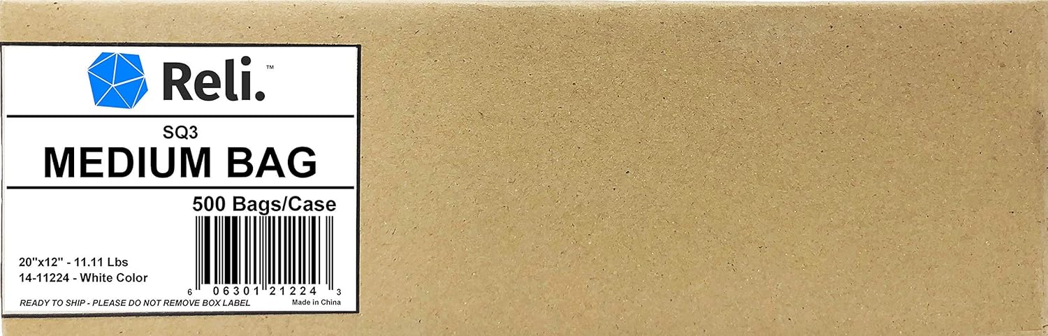 Reli. Take Out/To Go Bags (500 Count Bulk) (Medium 20" L x 9.5" W x 12" H) White Carry Out Shopping Bag, Die Cut Handle, Square Bottom, Reusable - Food Service, Restaurant, Catering, Delivery