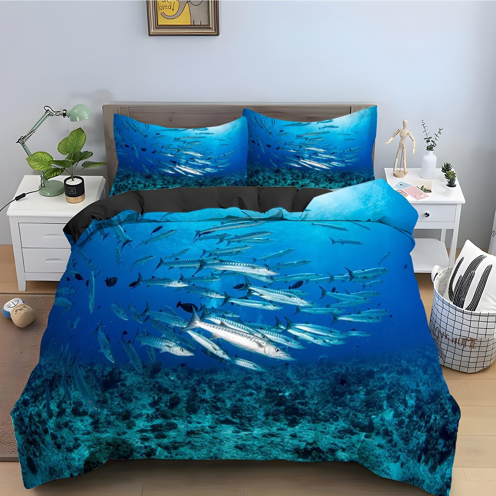 Housse de couette 160x200 facile à enfiler avec fermeture éclair parure lit bleue brochet