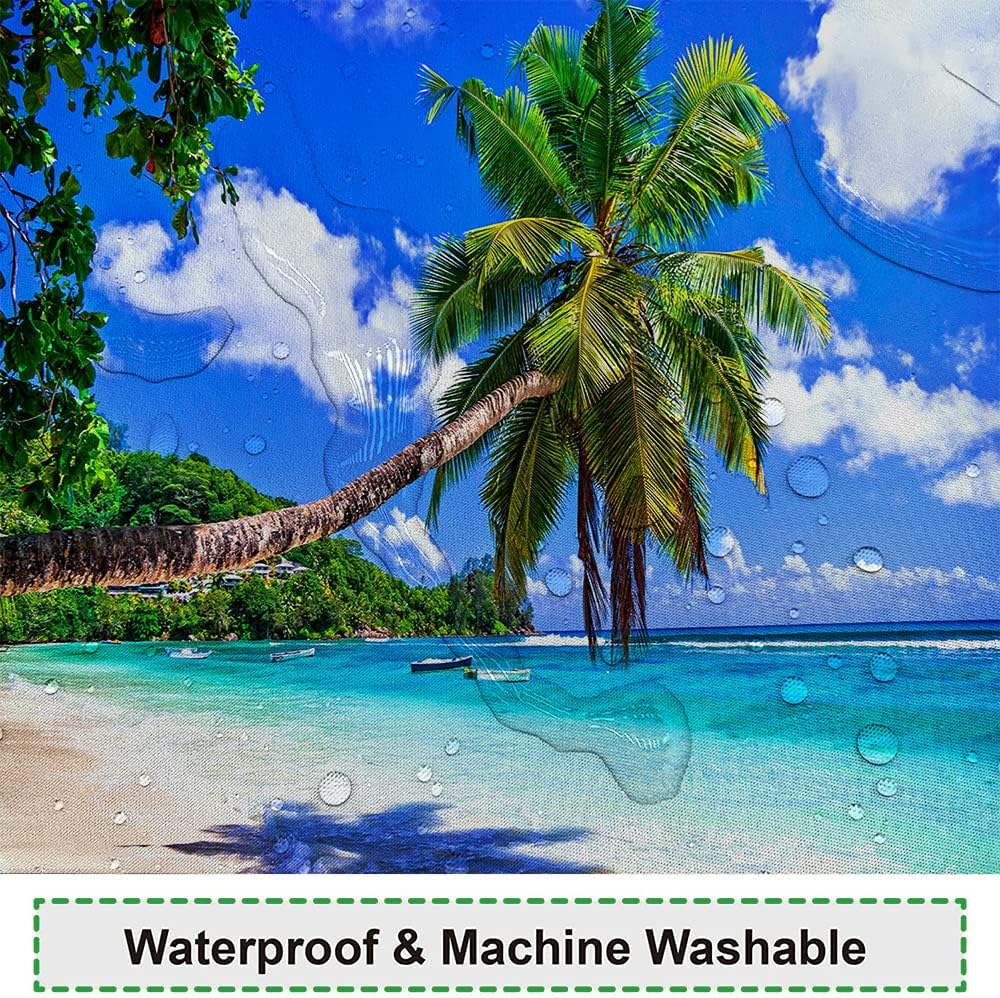 Summer Tropical Beach Shower Curtains Green Coconut Tree Ocean View Nature Blue Sky White Clouds Shower Curtain for Bathroom Decor Waterproof Polyester Fabric with 12 Hooks, 72x72 Inch