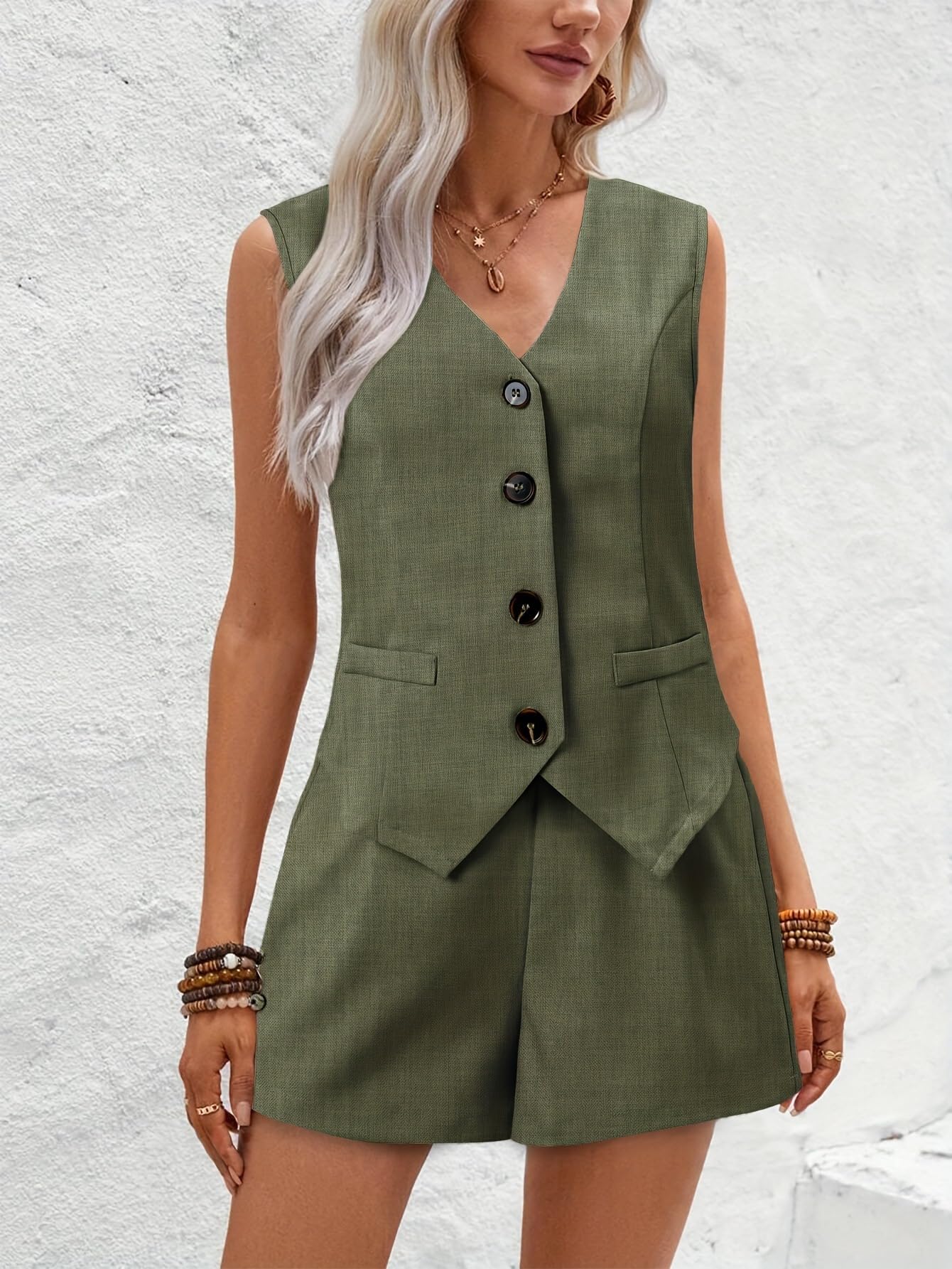 Trajes De Salón De Dos Piezas para Mujer, Beige, Sin Mangas, Cuello En V, Botones, Blazer Corto, Chaleco, Pantalones Cortos Sexys, Conjuntos De Trabajo De Oficina De Verano, Conjuntos De C