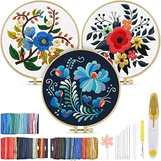 TINDTOP 3-Pack Floral Embroidery Kit for Beginners Adults - Starter Set with Hoops, Threads, Patterns & Tools for Stress Relief Crafts
