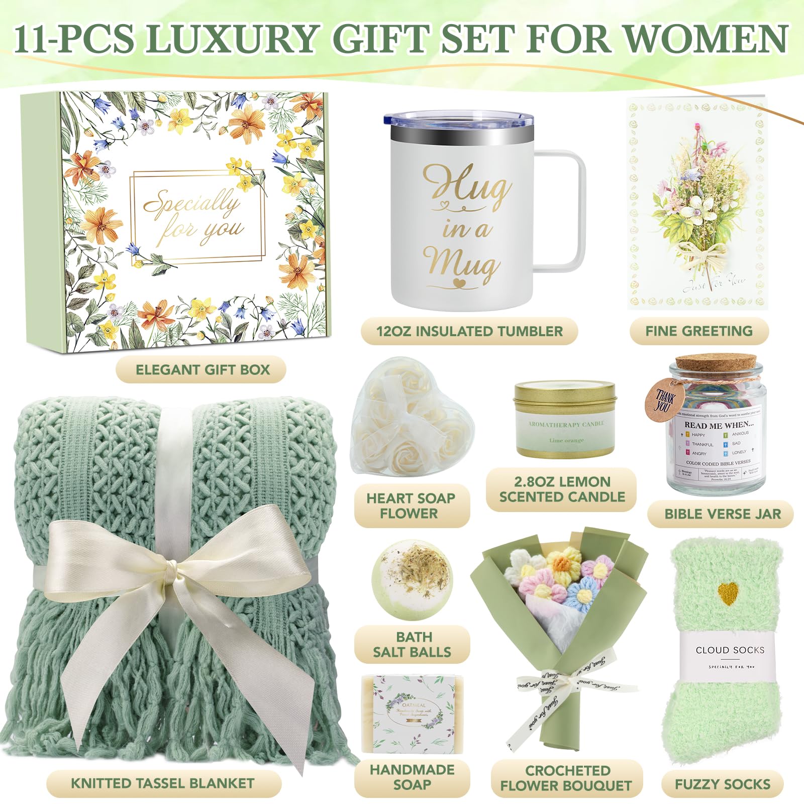 Canastas de regalo para mujeres, 11 piezas de regalos únicos de cumpleaños para mujeres, cestas de regalo de cuidado personal, agradecimiento, recuperarse, regalos inspiradores de amistad para mamá