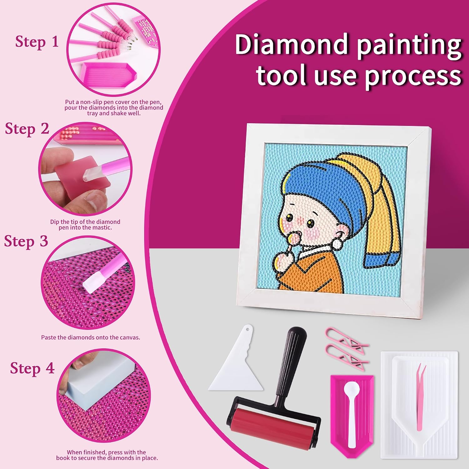 LYMUSUMI 61PCS 5D Diamonds Art Accessories and Tools Kits with Diamond Painting Roller and Diamond Art Storage Box for Adults or Kids（Pink）