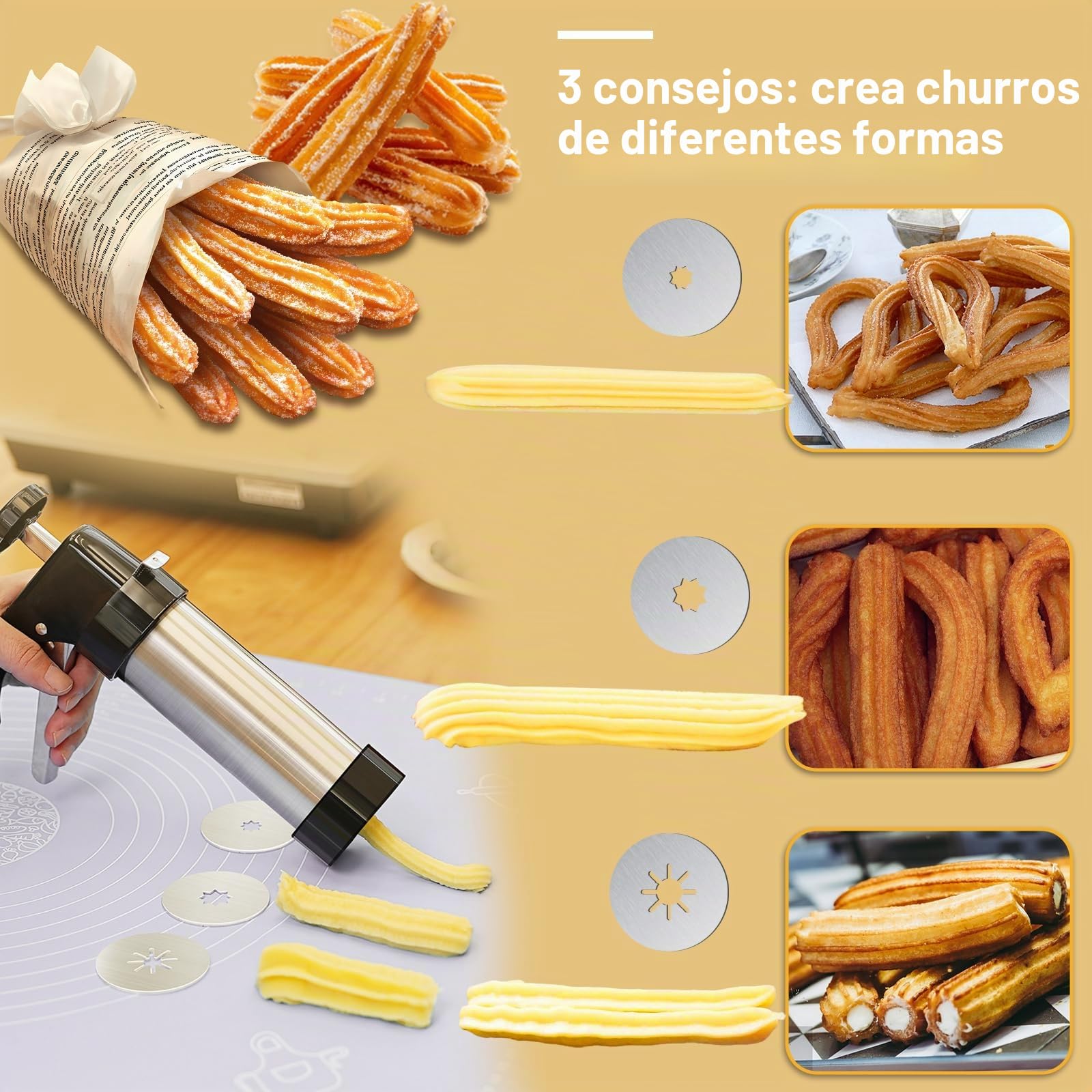 Churreras para Churros Acero Inoxidable,Prensa de Repostería para Galletas,Máquina para Hacer Churros con 16 Plantilla,8 Boquilla y Mangas Pasteleras, Biscuit Maker Machine para Churro Galletas