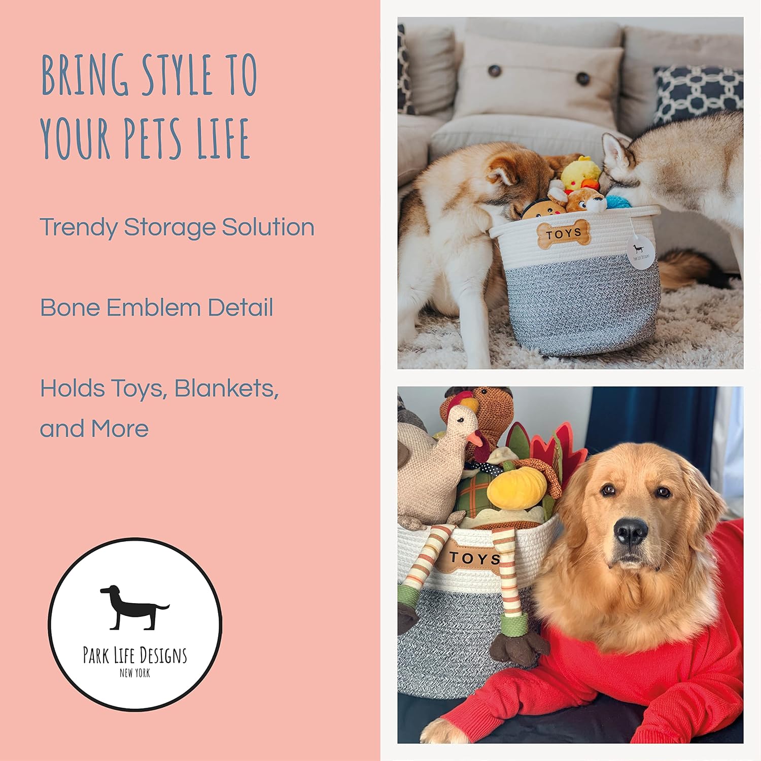 Park Life Designs Naples Cotton Toy Storage Bin for Pets – White with Gray Base, 12" x 15" x 12"