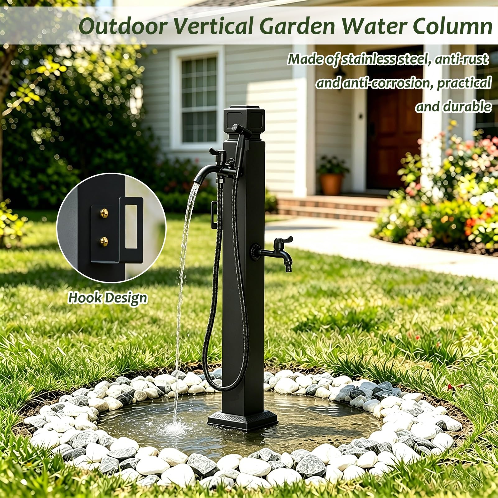 Poste de grifo exterior independiente moderno, columna de agua de jardín de acero inoxidable negro, grifo exterior a prueba de congelación para patio, trasero y césped(B,Height: 60cm/23.6in)