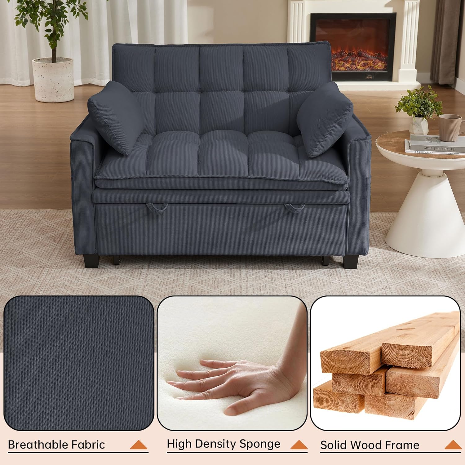 Futon Sofa Bed,3 in 1 Convertible Sleeper Sofa with Pull Out Bed,Small Loveseat with Adjustable Backrest,Linen Futon Couches for Living Room,Dark Gray