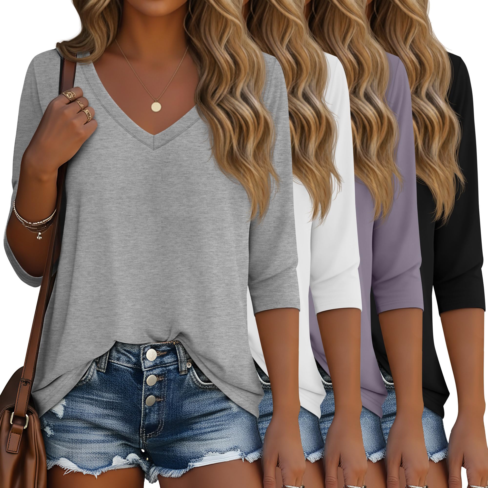 Ficerd 4 Pack Women's 3/4 Sleeve T Shirts, V Neck Casual Tunic Tops Loose Fit Cotton Basic Shirts Solid Color Fashion Tees
