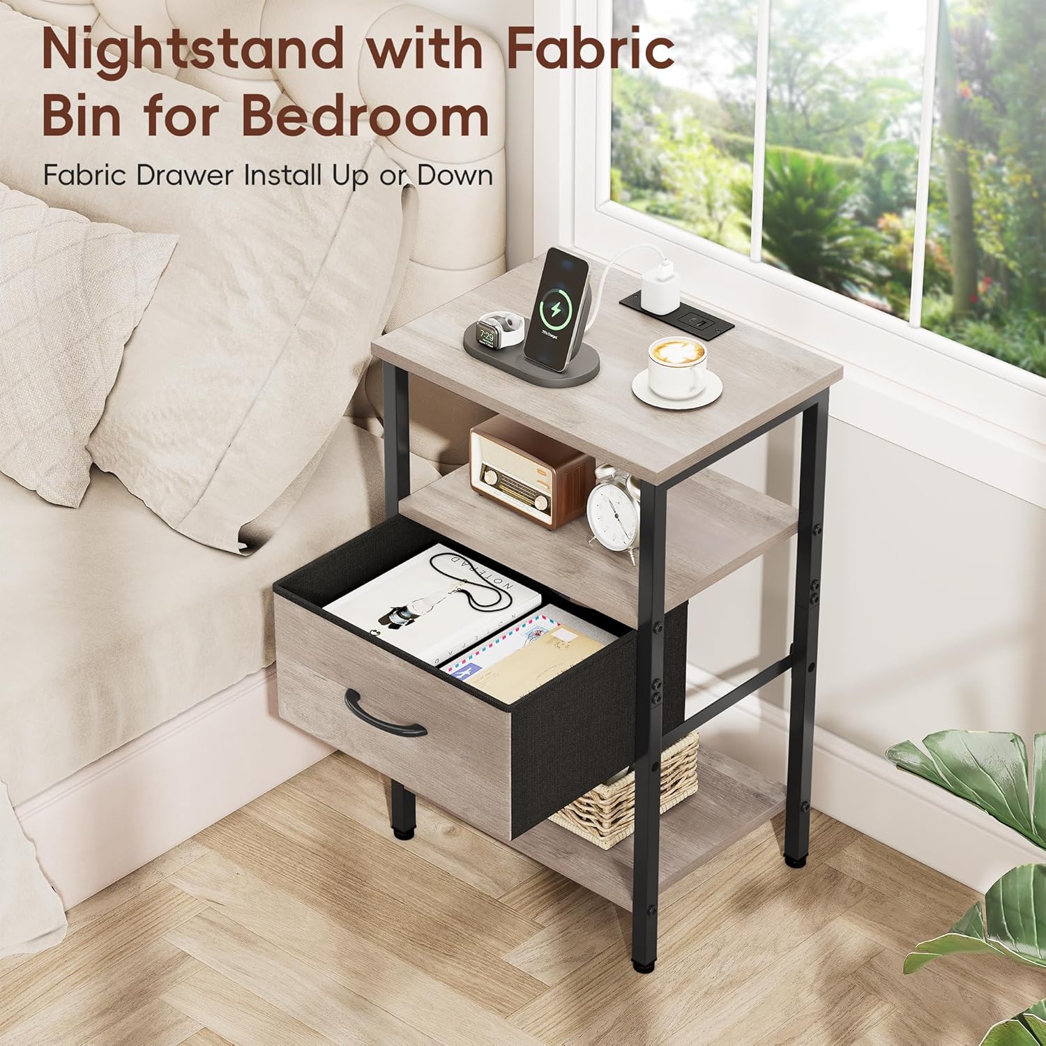 Vagusicc Nightstand with Charging Station, Side Table with Adjustable Drawer, End Table with 3 Tier Storage Shelf for Living Room, Tall Bedside Table, Rustic Small Night Stand for Bedroom, Grey - Image 4