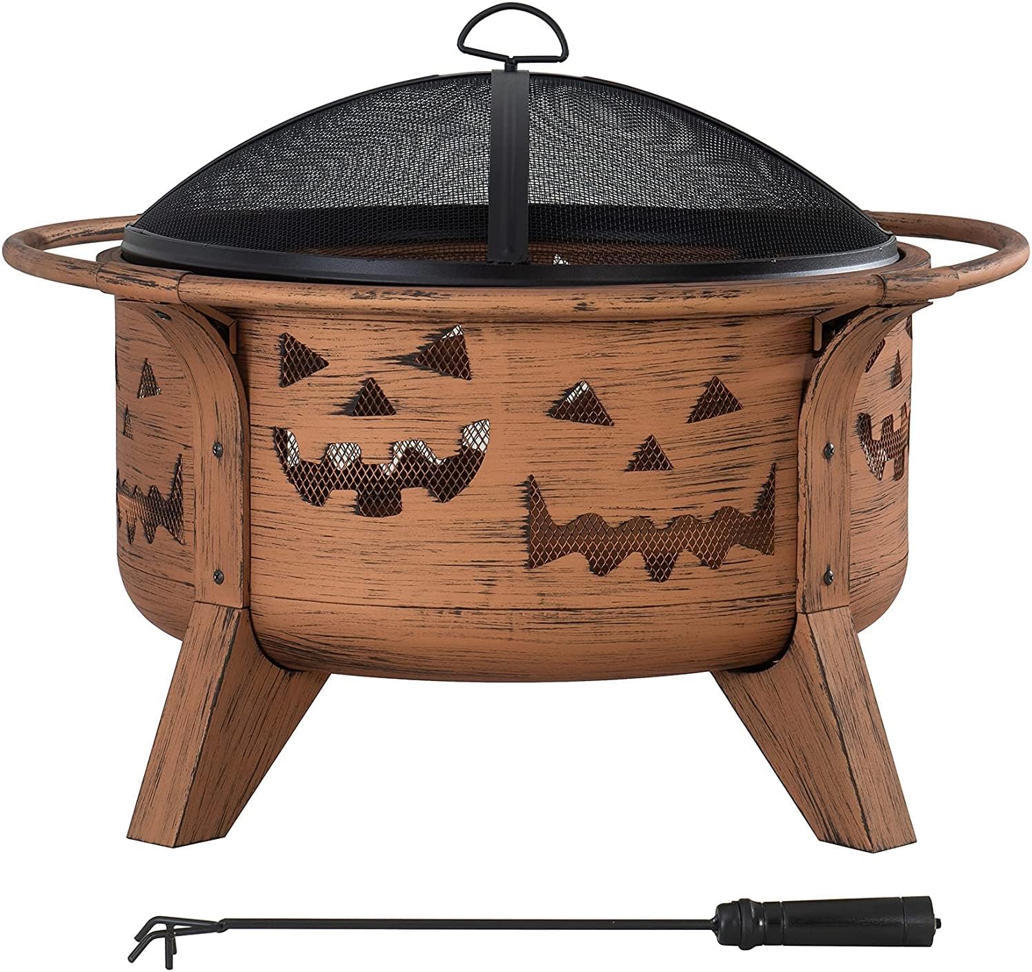 Sunjoy 30 in. Outdoor Wood-Burning Fire Pit, Patio Jack-o-Lantern Motif Round Steel Firepit Large Fire Pits for Outside with Spark Screen and Poker : Patio, Lawn & Garden
