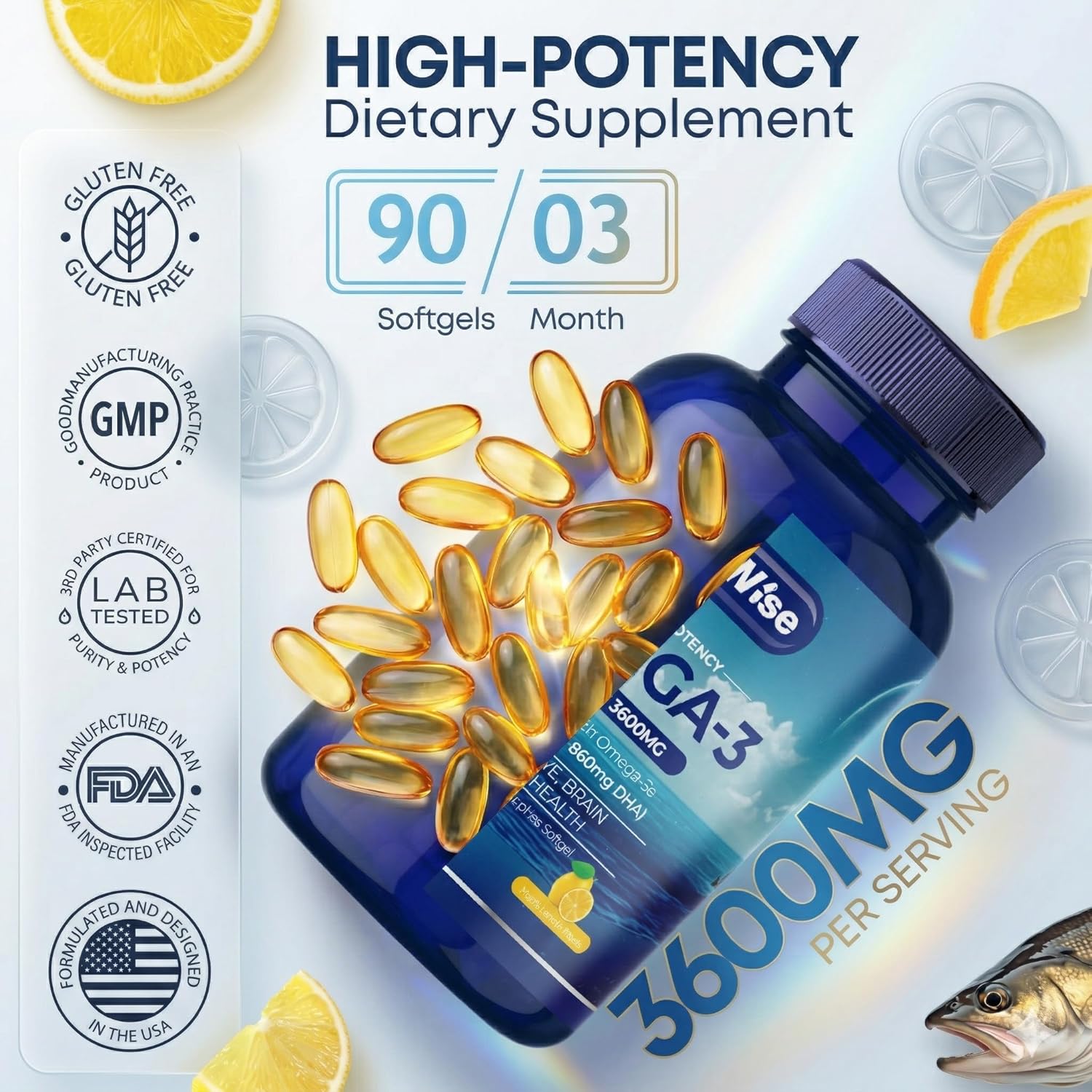 Dr. Wise Omega 3 Fish Oil 3600mg – 2160mg Omega-3 per Softgel (1300mg EPA, 860mg DHA) – Triple Strength, Once Daily – 90 Burpless Lemon Softgels – 3-Month Supply