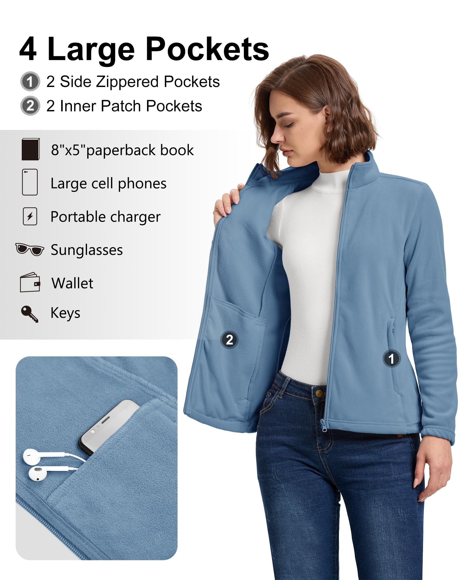 33,000ft Damen Fleecejacke mit Durchgehendem Reißverschluss Stehkragen Damen Leichte Fleece Jacke Antistatische Outdoor Damenjacke für Wandern und Freizeit