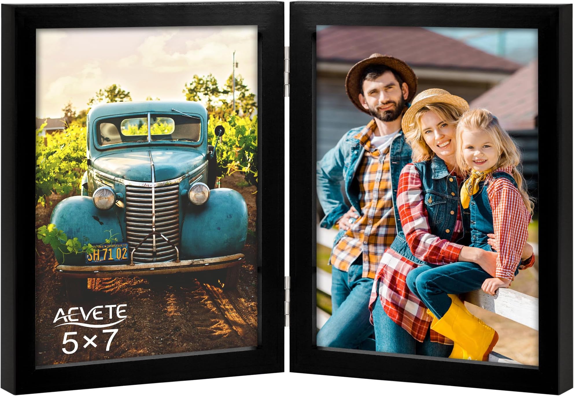 AEVETE 5x7 Picture Frames Double Hinged Wood Folding Photo Frames Vertical with Plexiglass Front, Black