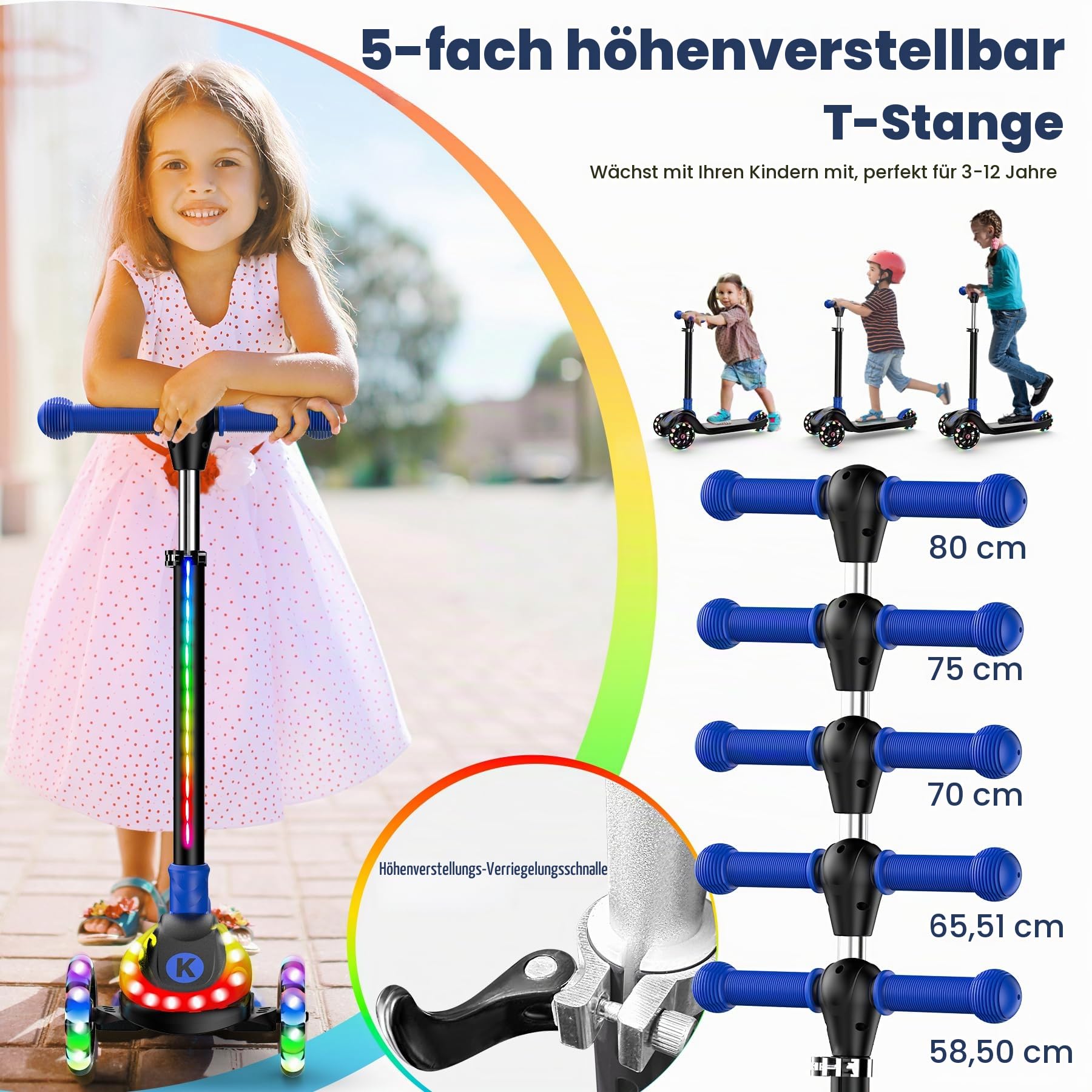 3-Rad Tretroller mit LED-Beleuchtung, Höhenverstellbar & Klappbar für Kinder 3-12 Jahre, Leuchtende Lenkstange & Deck, Max. 60 kg, Geschenk für Jungen/Mädchen