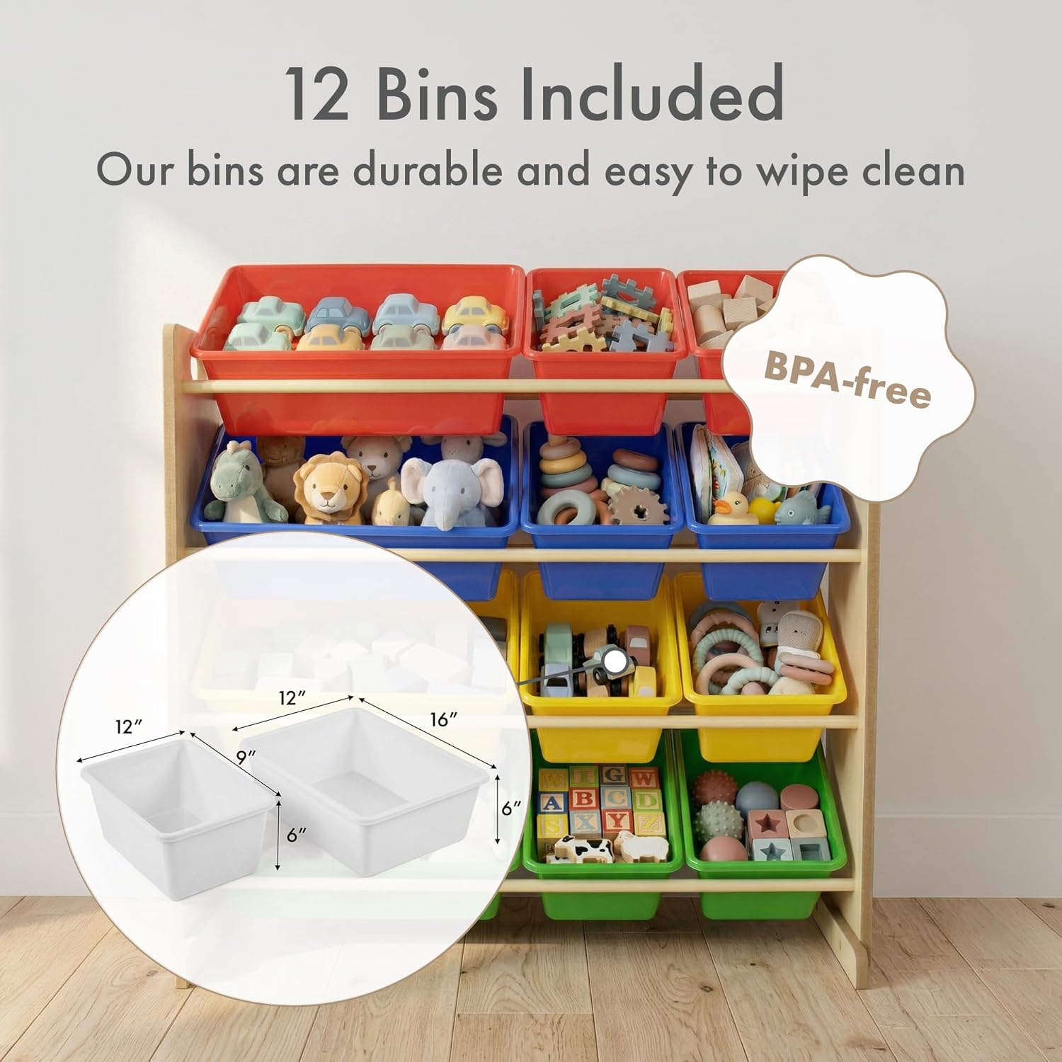 Humble Crew, Natural/Primary Kids' Toy Storage Organizer with 12 Plastic Bins, 34*35*15.5inch