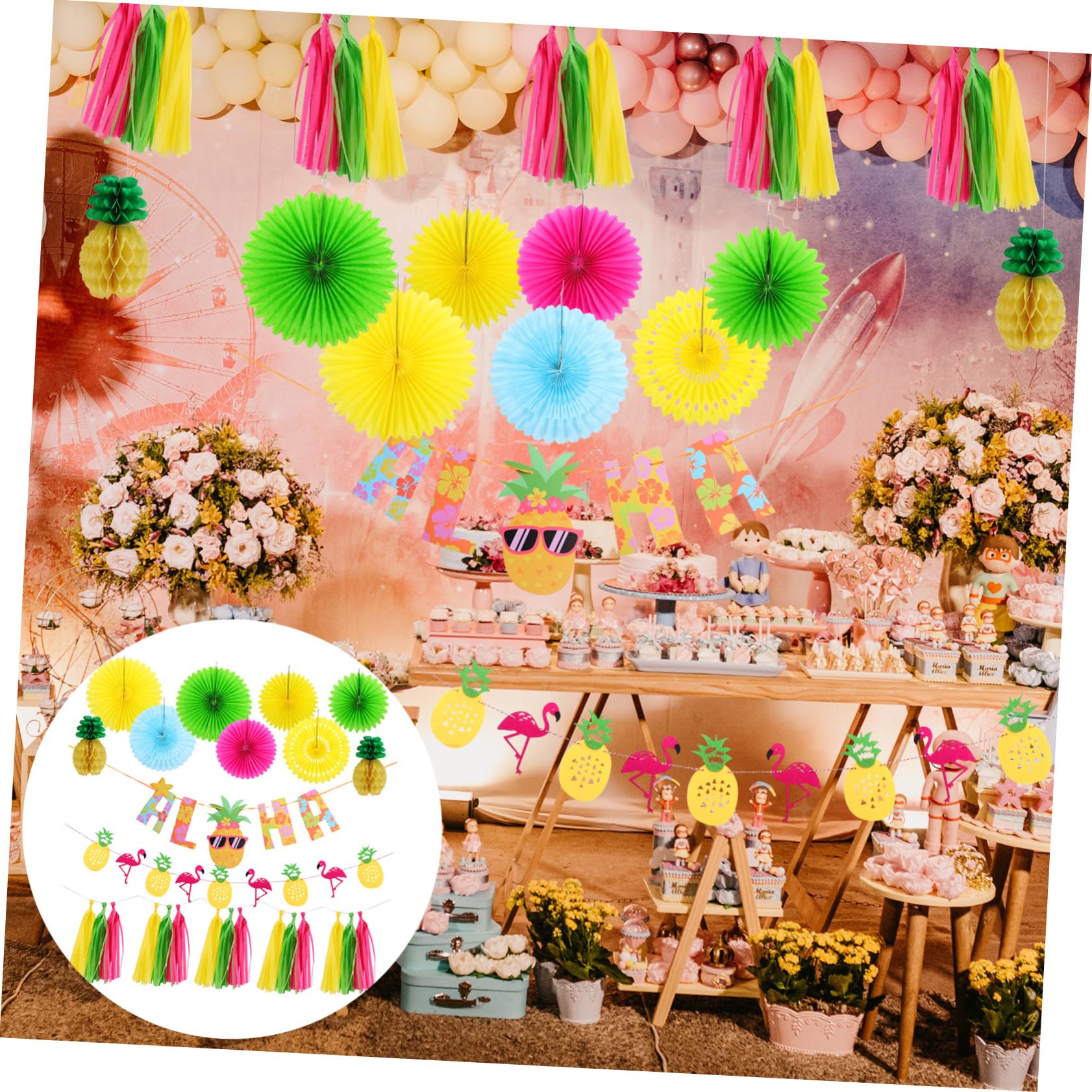 Decorazioni Tropicali Hawaii Striscione Flamingo Cocco Carta Feste Notturne