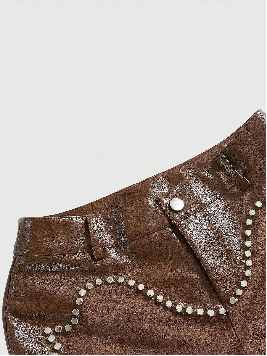 Floerns Women's Studded Leather Shorts Low Rise Patchwork Suede Festival Rave Concert Shorts