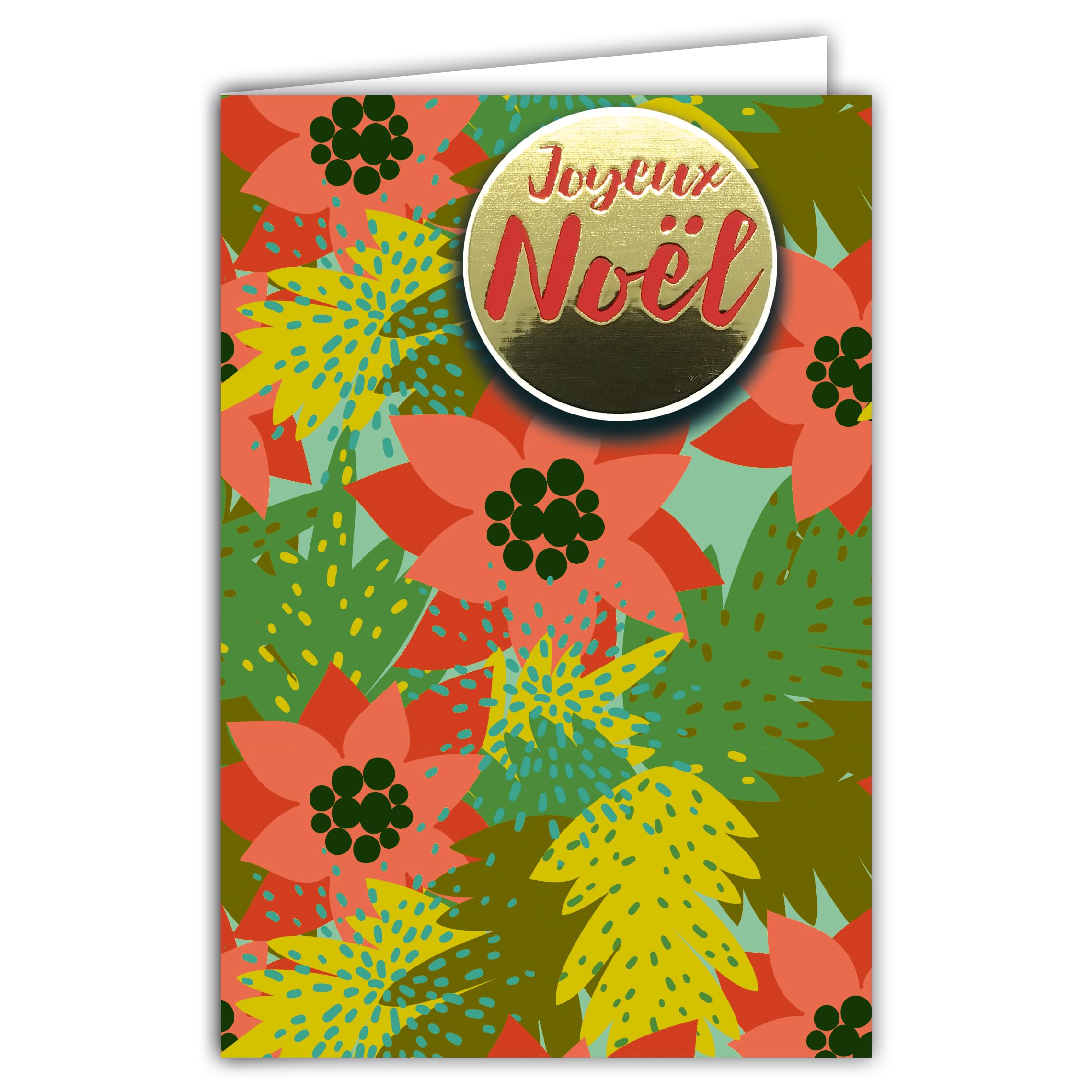 AFIE Merry Christmas Card Embossed Collage Glossy Text with White Envelope 12 x 17.5 cm - Poinsettia Flowers Green Foliage Vegetal Illustration Best Wishes