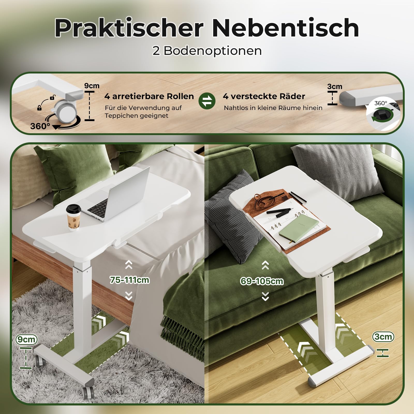 Gibbon Mounts 180° klappbarer höhenverstellbarer Beistelltisch mit Rollen | Weißer C-förmiger Laptoptisch m. 4 feststellbaren Rädern, beidseits klappbare Tischplatte, perfekt Beistelltisch & Couchtisch
