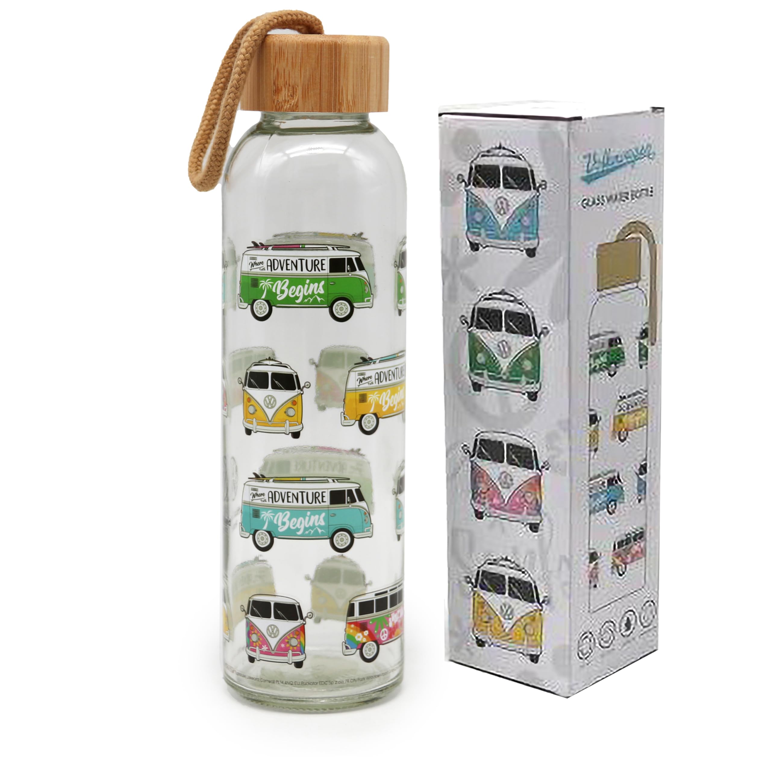 Puckator Multi-Coloured Volkswagen T1 Summer & Surf Glass Bottle With Bamboo Lid 500 Ml
