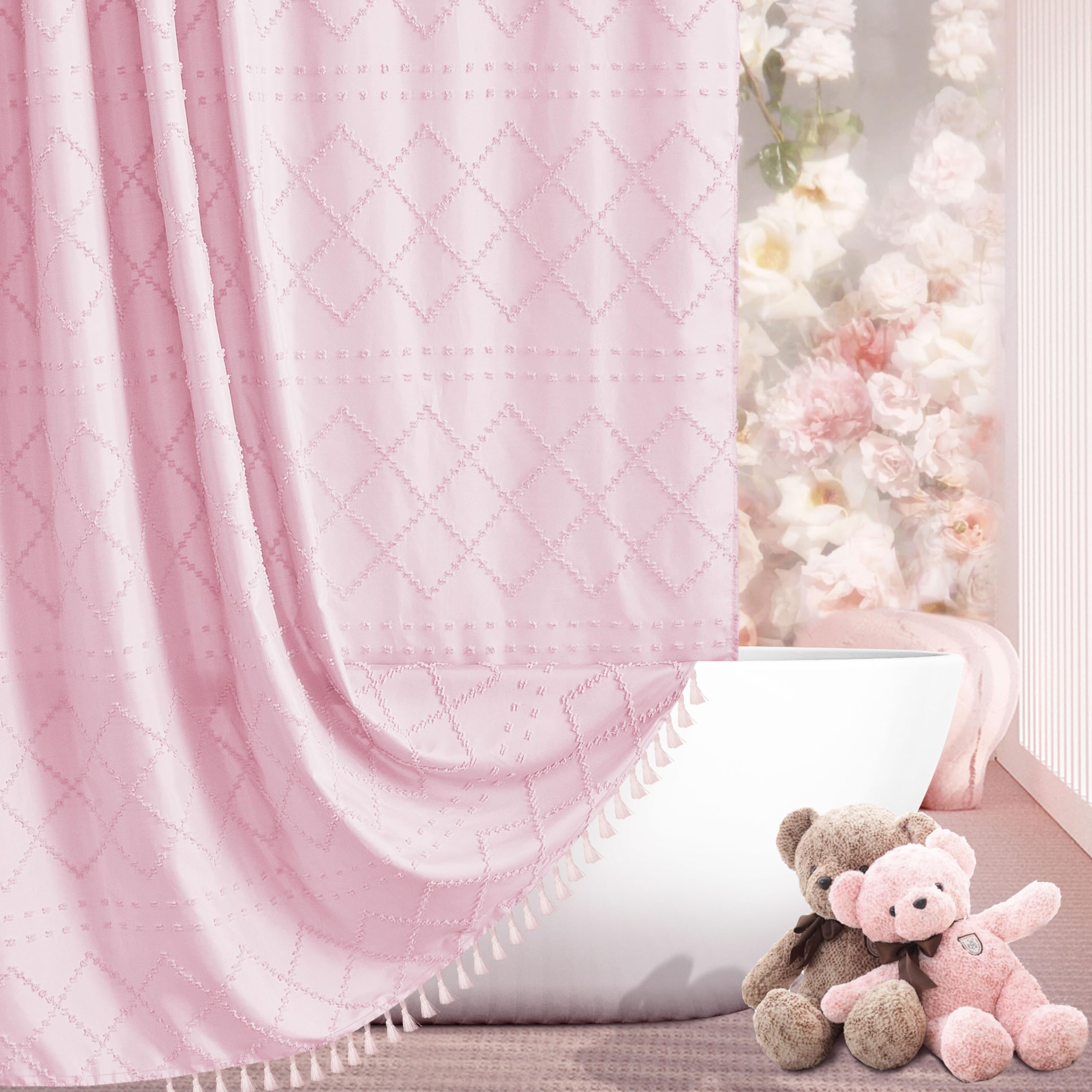 Siiluminisoy Pink Boho Shower Curtain - Woven Fabric, 72 x 72 Tufted Chevron Textured Striped Modern Farmhouse Minimalist for Bathroom