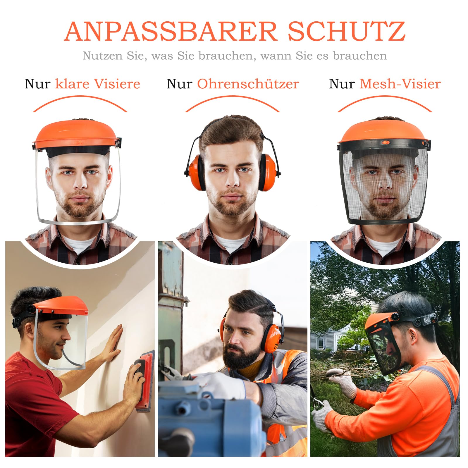 Kettensäge Visier Gesichtsschutz, Gesichtsschutzschild und Ohrenschützer 2 in 1 Kopfbedeckung Kombination, Flip Up Schutzschild Kommt mit 2 gesichtsschutzschild (Mesh& Clear)