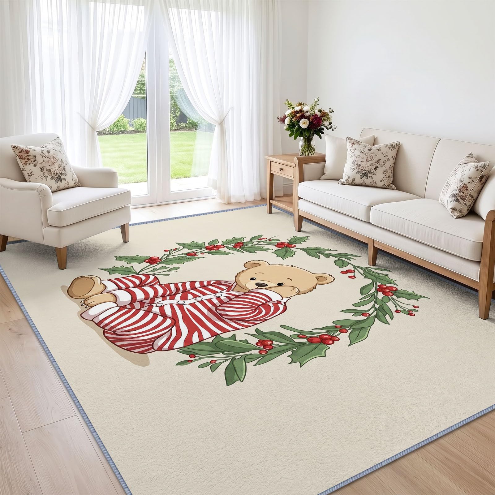 Cartoon Waschbarer Teppich 80 x 150 cm, Wohnzimmer Weihnachten Tier Teddybär rutschfest Weich Teppich für Schlafzimmer, Esszimmer, Büro
