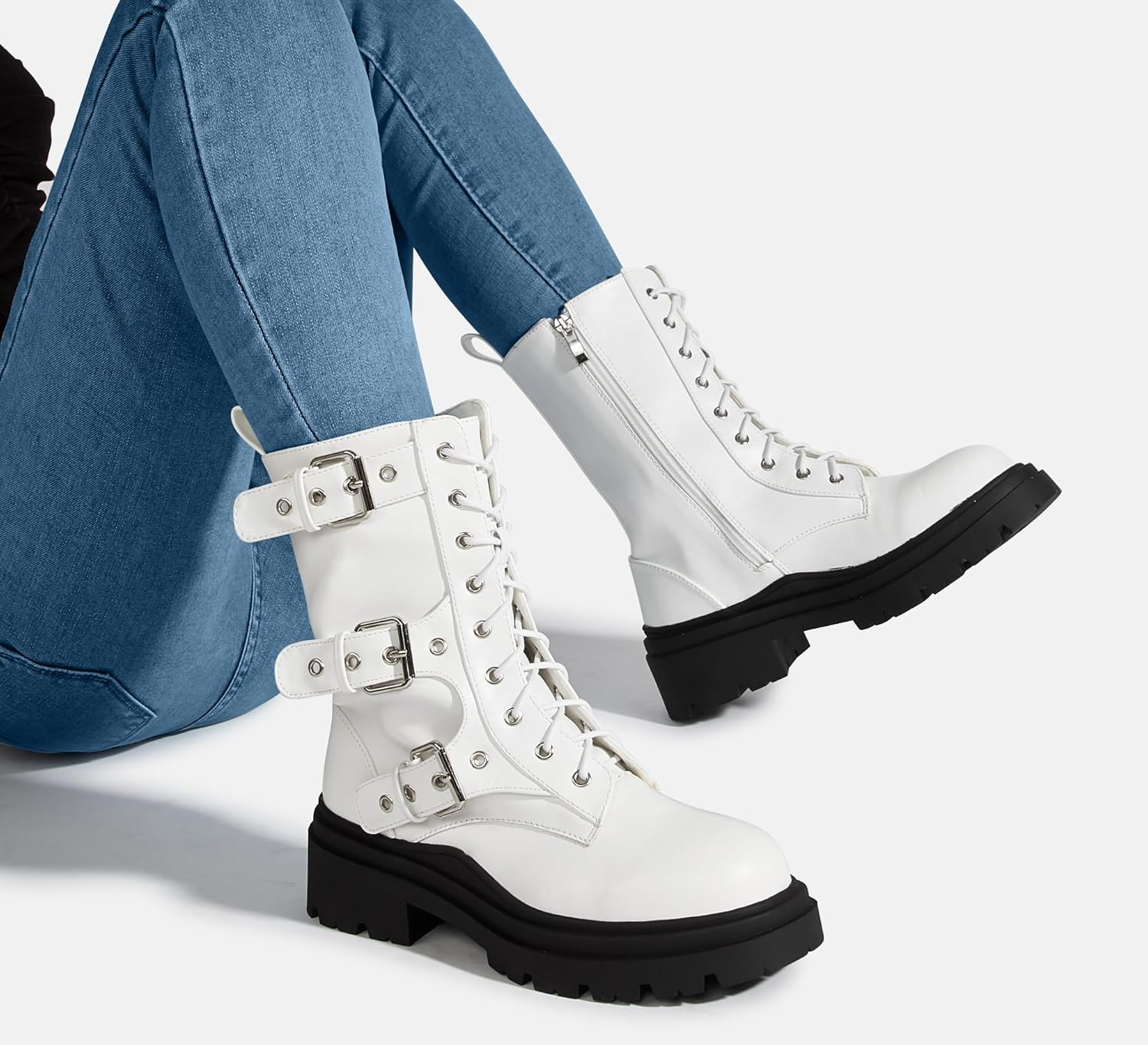 LUCKY STEP Women's Combat Boots-Platform Chunky Mid Calf Boots Ankle Booties Motorcycle Side Zipper Buckles Goth Booties - Image 9