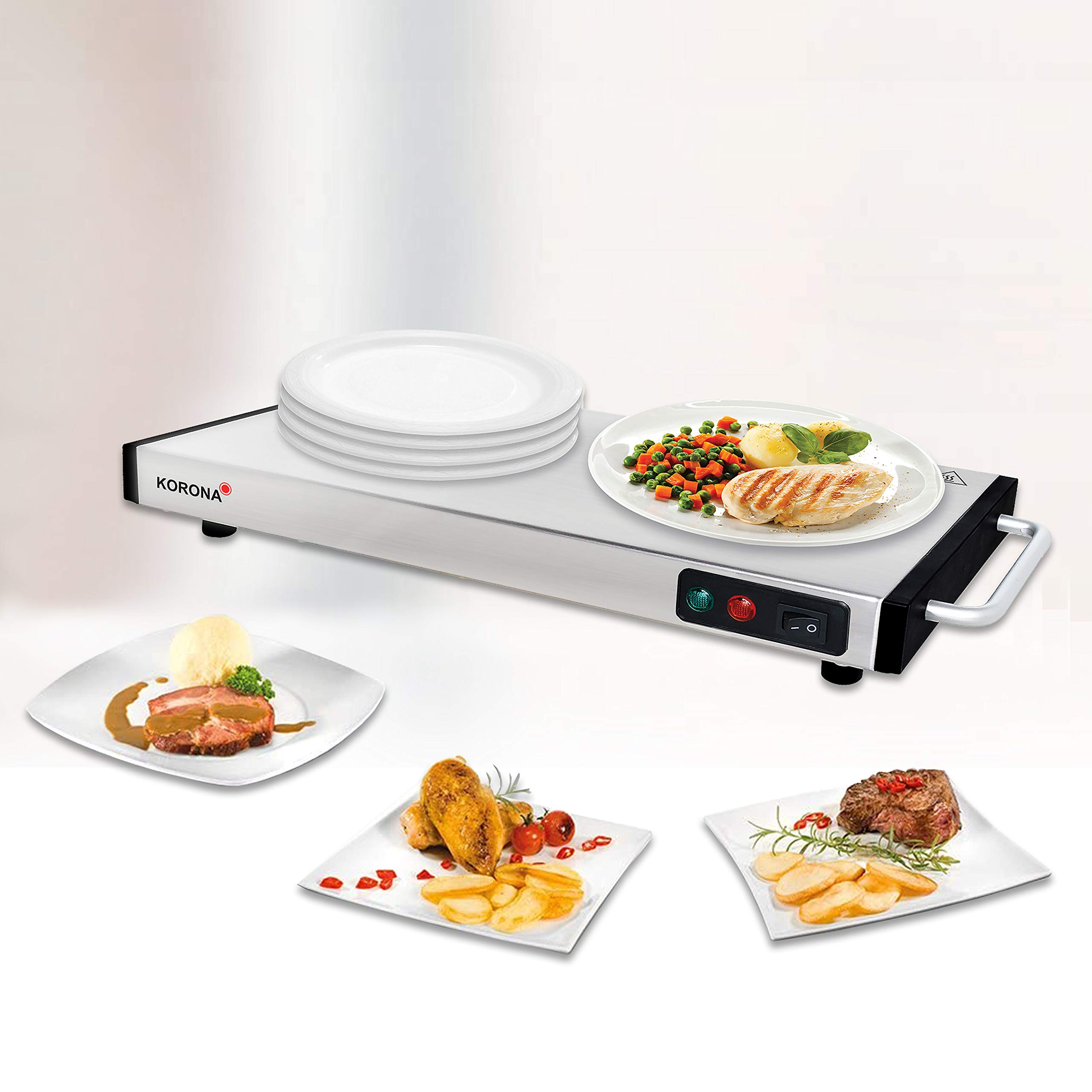 Korona 59500 Warmhalteplatte 1100 Watt max. zum Warmhalten von Speisen | kabellos nutzbar | 40 x 20 cm, Edelstahl