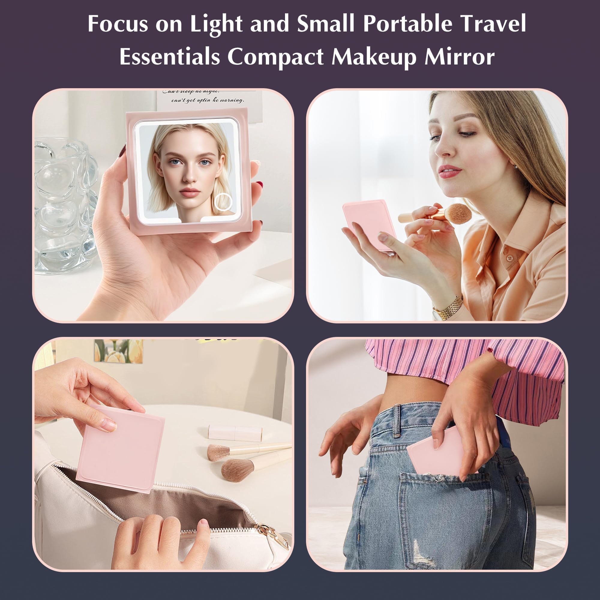 Amysmart Pink PU Leder LED Reise Make-up Spiegel - 1X/5X/10X Vergrößerung, dreifach gefalteter Taschenspiegel, kompakt beleuchteter Handspiegel für Geldbörse & Reisen, kleiner beleuchteter Spiegel für