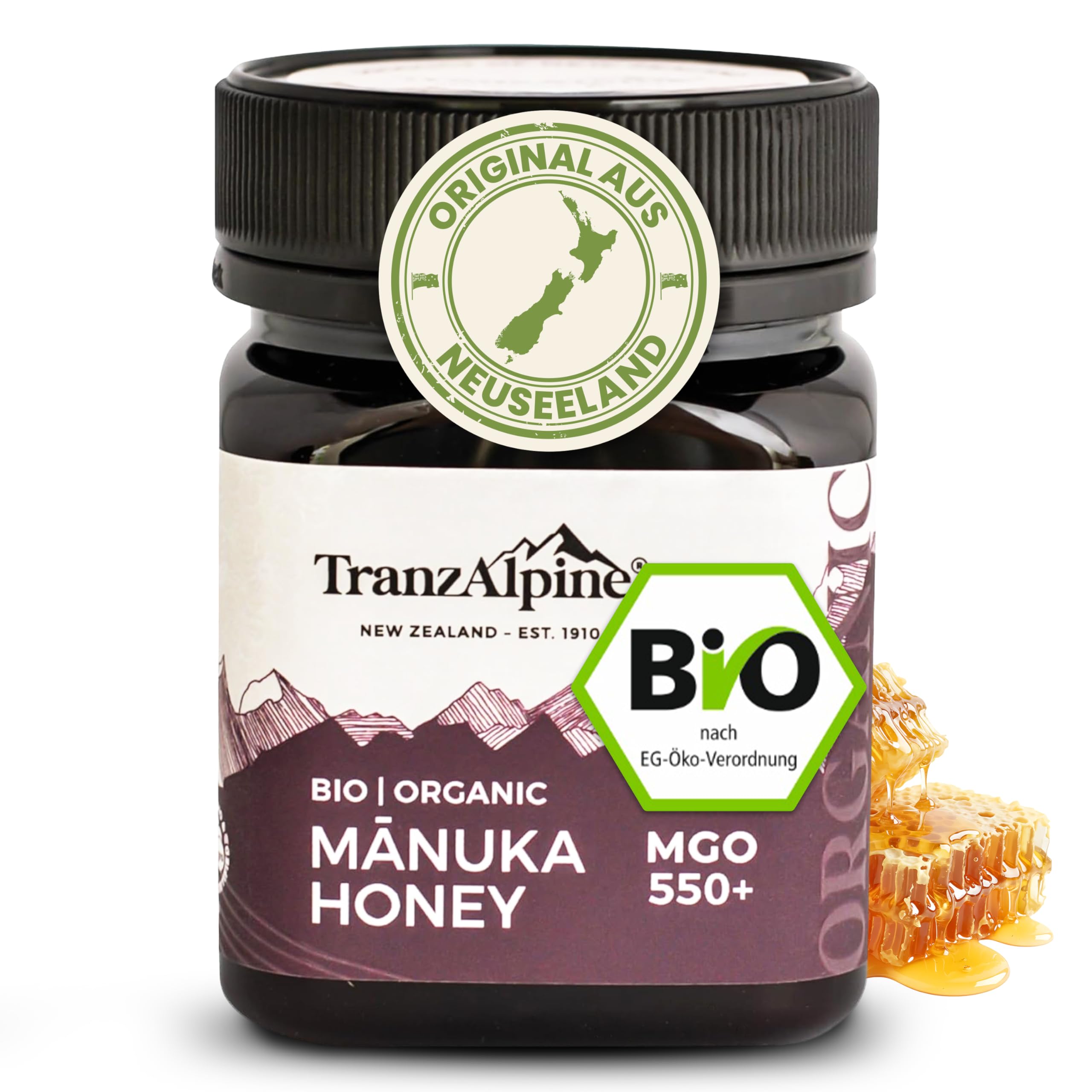 TranzAlpine Manuka Honig BIO-zertifiziert 250g - MGO 550+ | 100 % reiner Premiumhonig aus Neuseeland - Laborgeprüft & Original-Imkerabfüllung