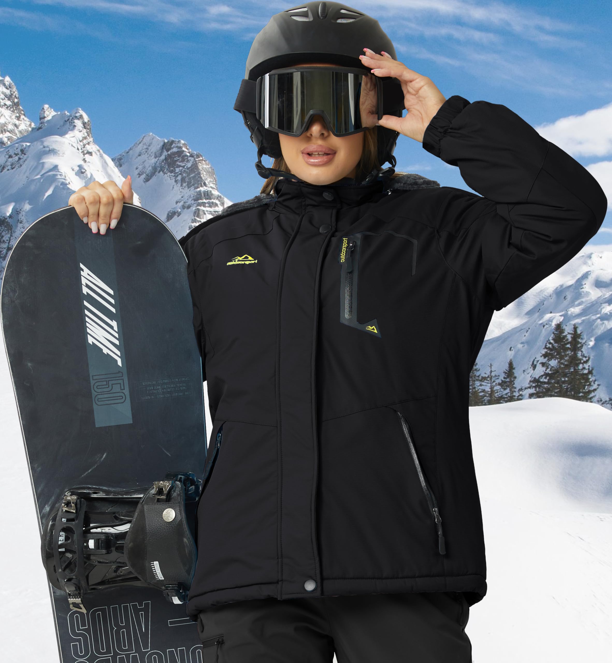 KEFITEVD Winterjacke Damen Warm Gefüttert Übergangsjacke Fleece Dicke Skijacke mit Abnehmbarer Kapuze und Reißverschlusstaschen Winddicht Winter Snowboardjacke