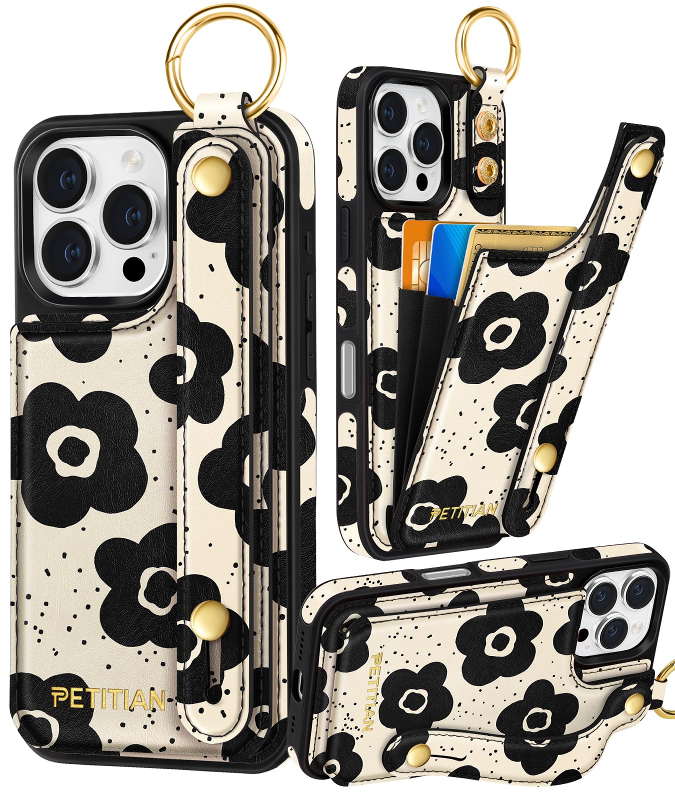 Petitian for iPhone 16 Pro Case Wallet - Women Girls Cute Girly Aesthetic Unique Design Leather Credit Card Holder Cardholder Stand Wristband for