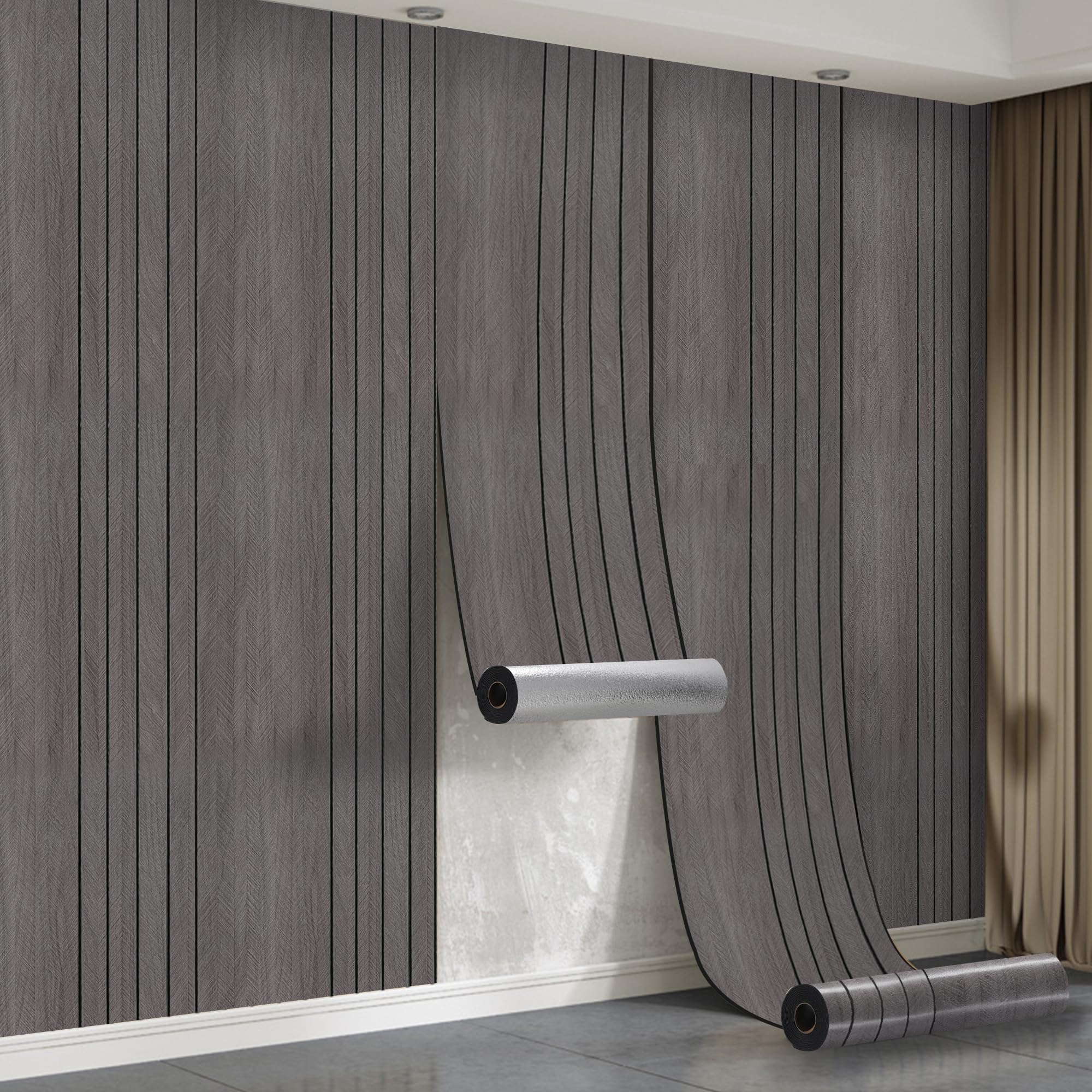 Peel and Stick Wood Slat Wall Panels - 8 Roll 3M Self Adhesive Wall Panels Wood Grain Texture, 3mm Decorative Acoustic Thermal Panels 3D PVC Wall Cover for Bedroom Living Room Feature Wall,Taupe Grey